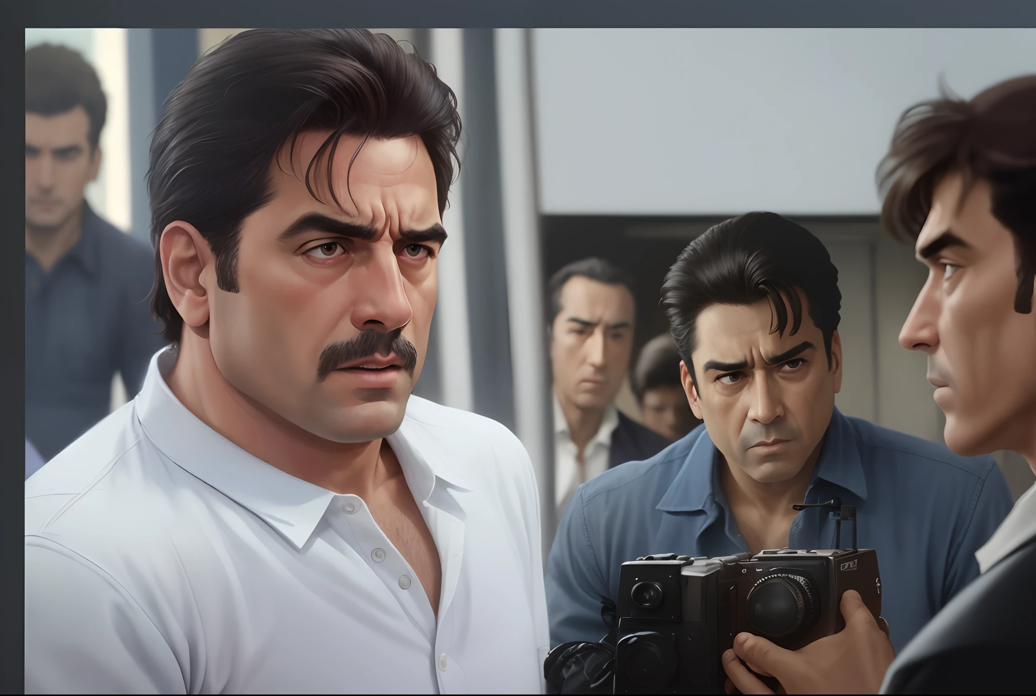 a close up of a man pointing at a camera with a man in the background, still shot from movie, 1 9 8 6 movie screenshot, still from a terence malik film, movie action still frame, shot from movie, danny de vito, big budget movie scene, film still from the movie, action scene from the film, scene from live action movie