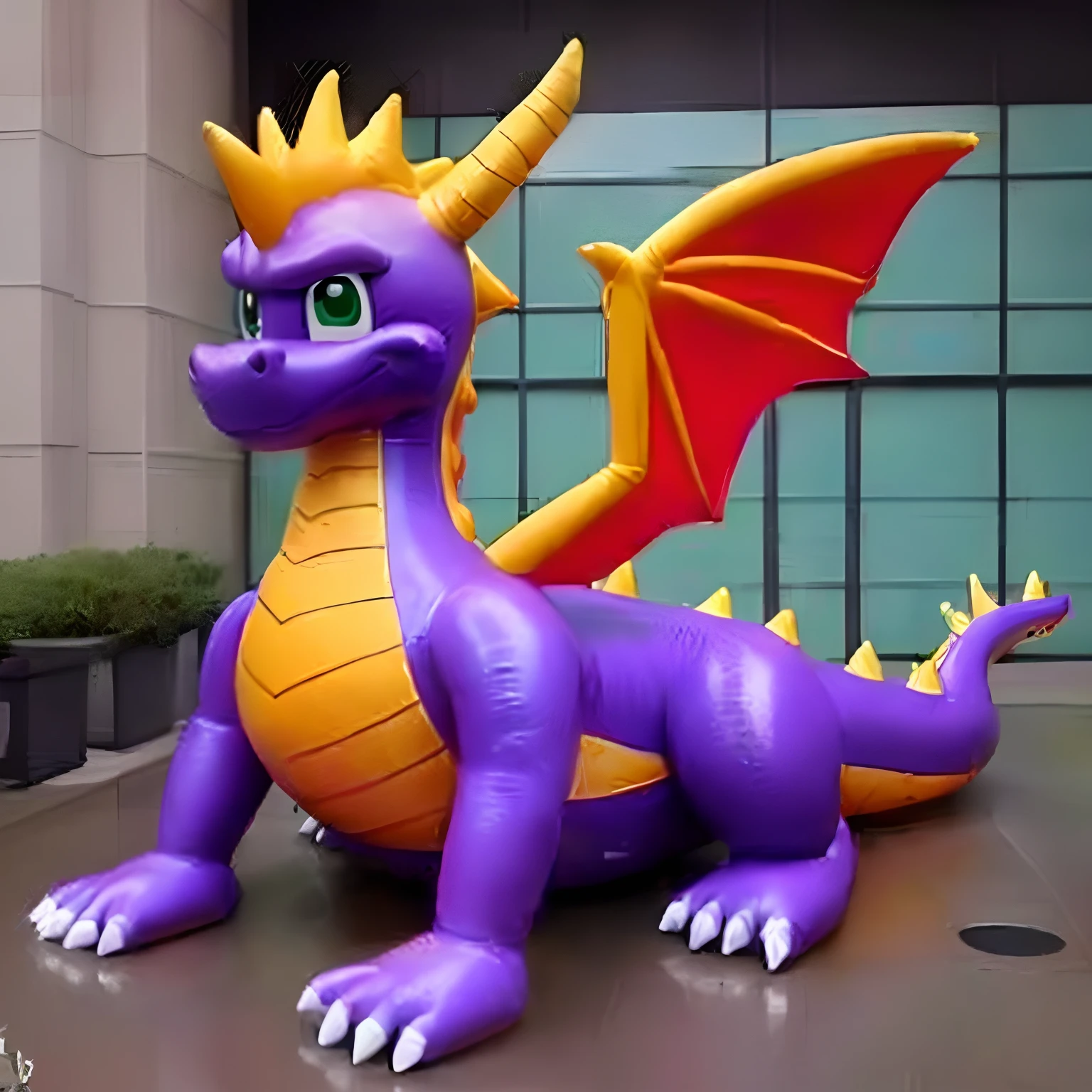 (best quality,4k,highres),inflatable spyro the dragon rubber costume,big zipper,open zipper,puffy inflatable inside,soft and squishy,shiny,spyro the dragon made out of pooltoy vinyl,sitting on a soft cotton bed,lighting from a window,cotton candy pink color tones,fluffy pillows,playful expression,lush green grass in the background,vibrant blue sky,set in a sunny garden,detailed scales on the dragon's body,sparkling eyes,playful smile,comfortable cotton sheets,gentle breeze,plush clouds,tail wrapping around the bed