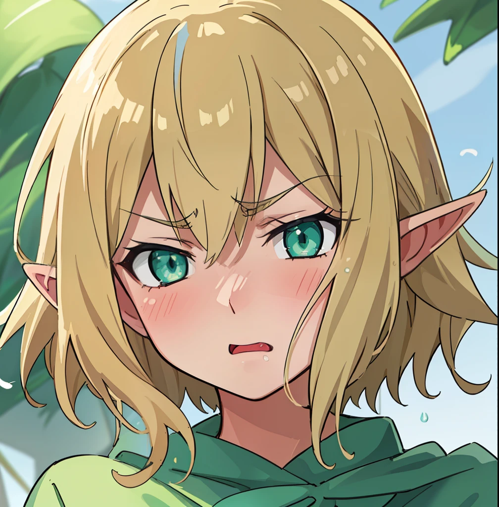 hiquality, tmasterpiece (One elven girl) angry face. furrowed brow.  Short Hair Hair. opened mouth. blonde woman. Cyan eyes. green raincoat. long ears. in front of a forest background