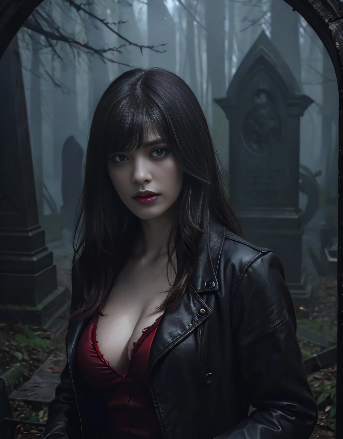 "photorealistic, Vampirella, Elvira, high quality, masterpiece: a haunting rainy graveyard scene with a dark theme, featuring a majestic big black wolf with hints of red and highlights of purple, captivating bright red glowing eyes."