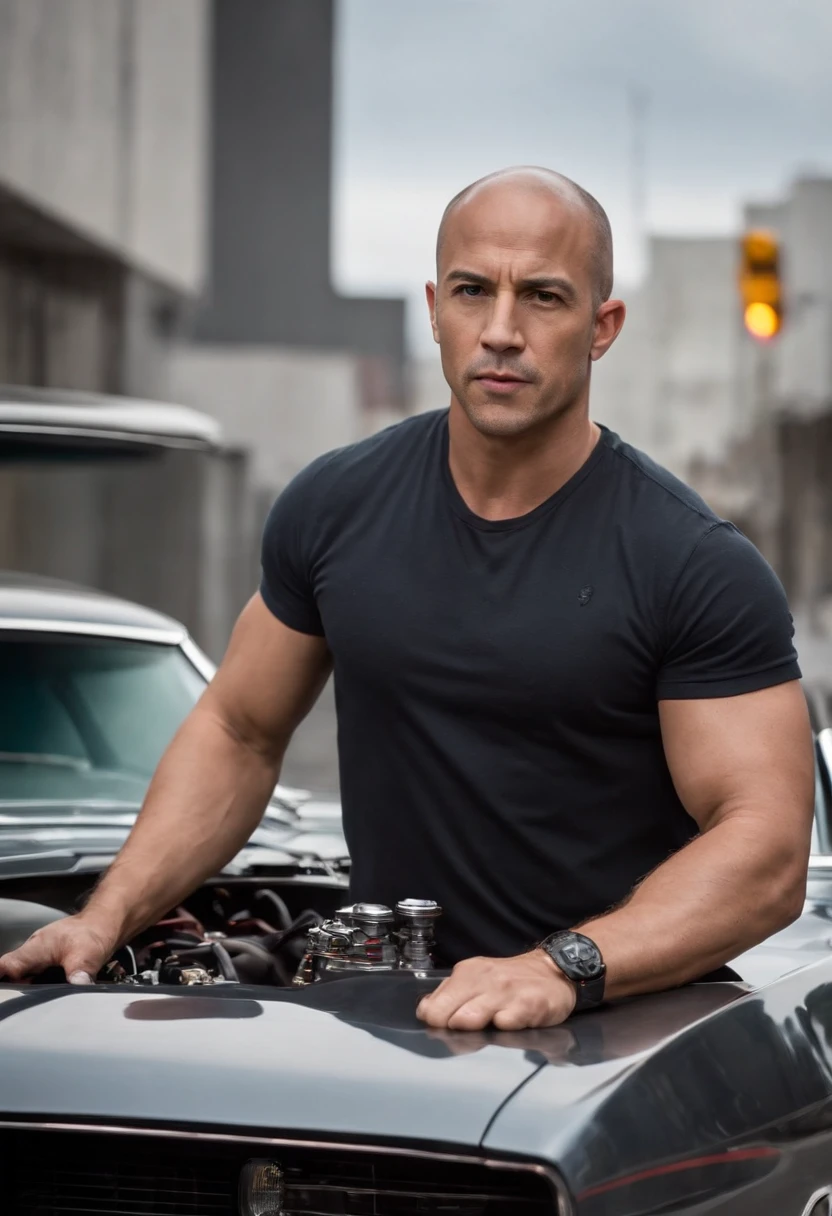 There's a man with glasses, Homens de 47 anos, in his iconic role as Dominic Toretto, da franquia 'Velozes e Furiosos', ao lado de um poderoso Dodge Charger RT preto de 1970 em um ambiente urbano. O sol da tarde ilumina a cena, creating a warm and energetic environment. Dominic Toretto com o Dodge Charger RT de 1970, that glows with a bright metallic color and high-speed details. ((Toretto holds an empty plate in his hands)) e sua intensa, Determined look reveals your determination. You may feel that something exciting is about to happen. The city lights are reflected on the body of the car, and the noise of the engines and the adrenaline are breathed into the air. XF IQ4, 150MP, 50 millimeters, ISO 1000 Certification, 1/Anos 250, Luz Natural, Adobe Lightroom, photographic lab, Foto de afinidade, PhotoDirector 365 Waiting to get started