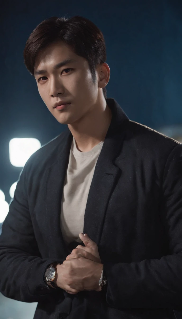 A man, from Lookism manhwa, displaying police officers from Korean, with gray jacket written “police” on it with Korean, hair sideway, holding his hands upward, like a blade, with sheathed pistol on his wrist, at night, night time, dark background, soft weak smoke from background