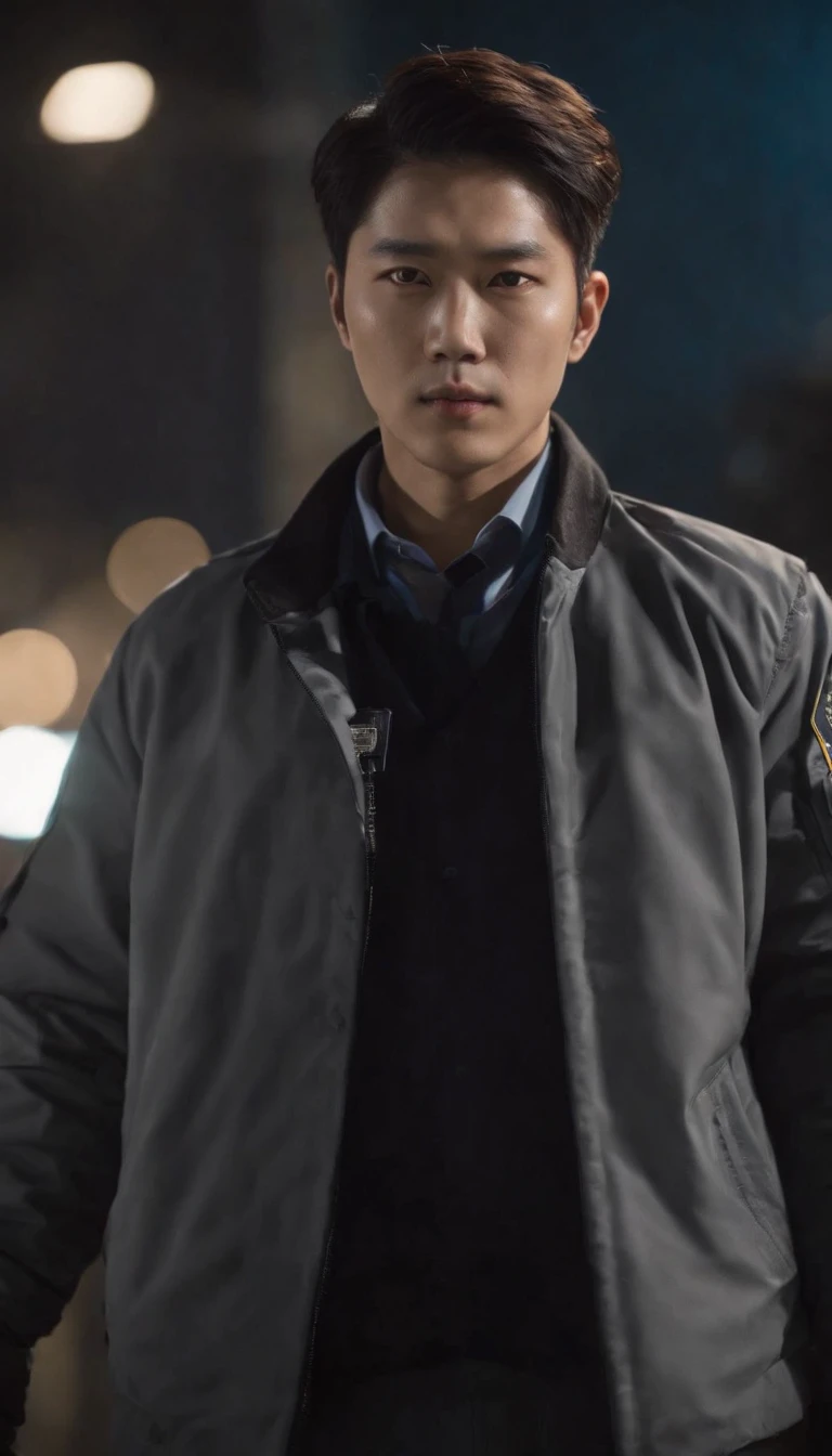 A man, from Lookism manhwa, displaying police officers from Korean, with gray jacket written “police” on it with Korean, hair sideway, holding his hands upward, like a blade, with sheathed pistol on his wrist, at night, night time, dark background, soft weak smoke from background