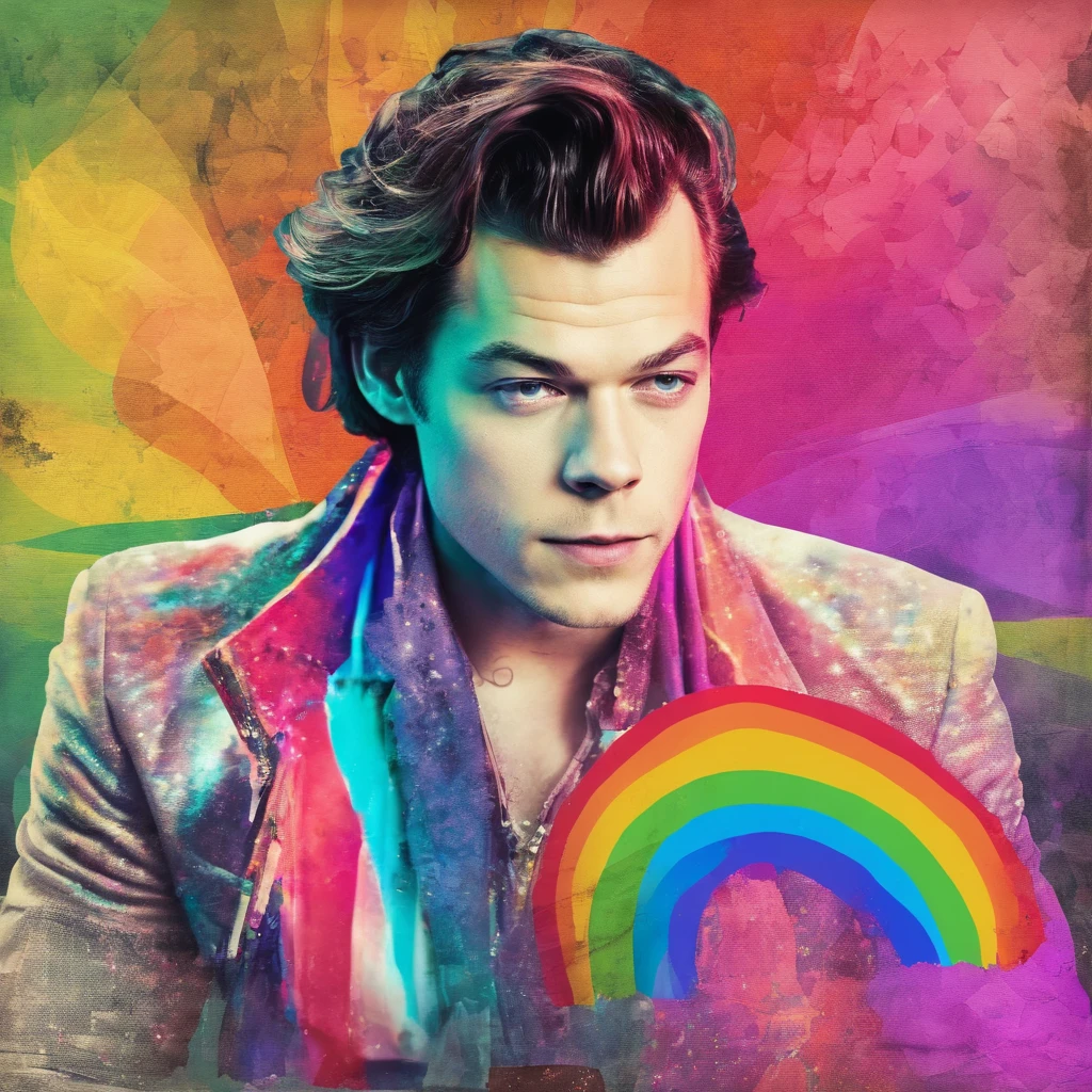 Beautiful man, harry styles, old photo, rainbow, (highres, best quality:1.2), radiance, soft contours,