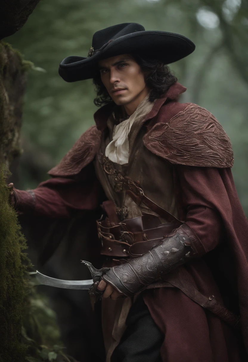 Hombre de 1,80 with a reddish robe that covers his entire body in the style of Bloodborne hunter. Su cabello es pelirrojo y corto. His eyes are blue but the left has it closed and a scar that begins with the first eyelid and ends in the last. Posee una barba sombreada y su piel es blanca. En la mano derecha sujeta una mandoble, the left is a Guts-style prosthetic arm. Todo su cuerpo se encuentra envuelto en llamas mientras mira imponente a las criaturas de la noche. 80s anime still, retro fashion, dungeon and dragons character dark fantasy digital art muted pastel colors, muted retro colors, CRT tv display by Tsukasa Hojo and Toshihiro Kawamoto -
