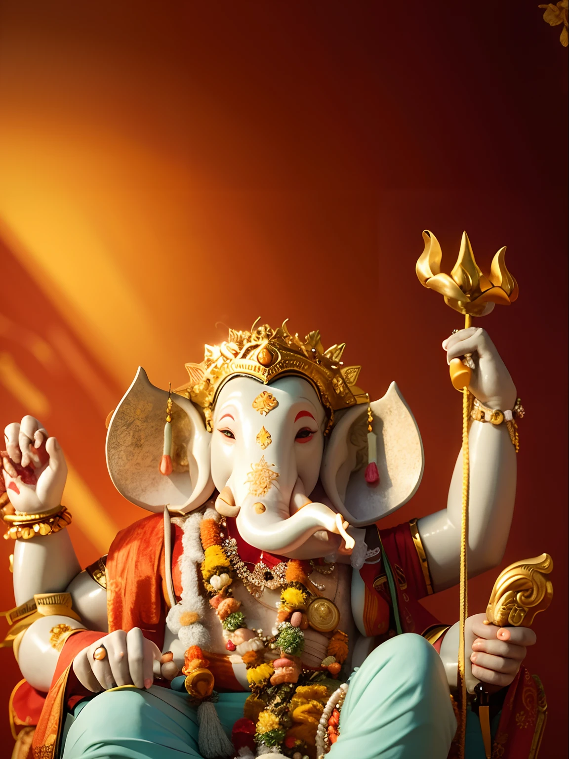 Lord Ganesh, with yellow and white dress,leg near rat, with Pooja elements, Like elephants offering flower blessings from both sides