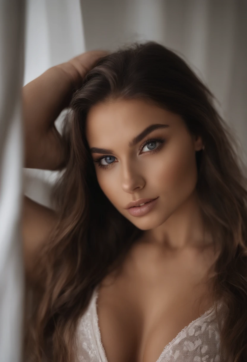 Femme nue arafed, fille sexy aux yeux bruns, Portrait Sophie Mudd, cheveux bruns et grands yeux, selfie of a young woman, Yeux de chambre, Violet Myers, sans maquillage, maquillage naturel, looking straight at camera, Visage avec Artgram, Maquillage subtil, Superbe photo du corps entier, dans la chambre, clivage, huge breasts, Swollen breasts, seins pendant