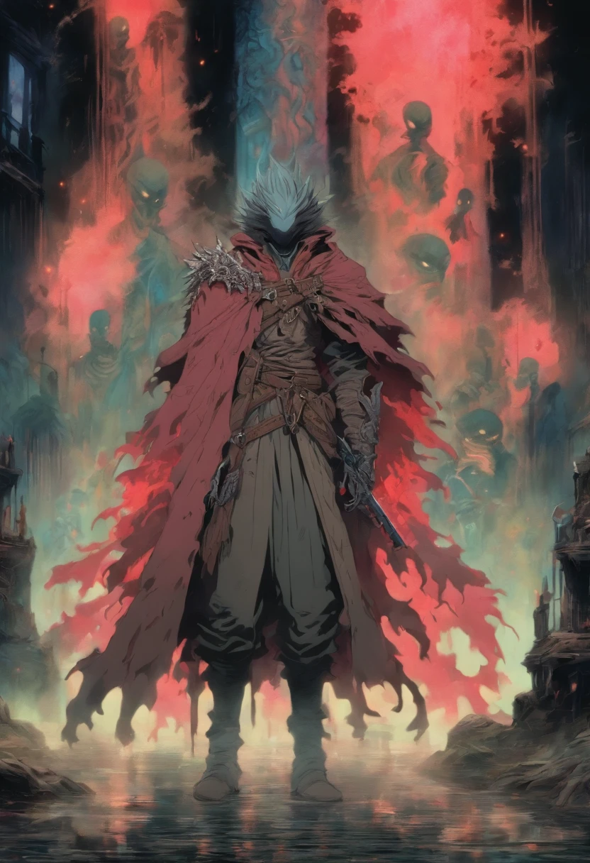 Hombre de 1,80 with a reddish robe that covers his entire body in the style of Bloodborne hunter. Su cabello es pelirrojo y corto. His eyes are blue but the left has it closed and a scar that begins with the first eyelid and ends in the last. Posee una barba sombreada y su piel es blanca. En la mano derecha sujeta una mandoble, the left is a Guts-style prosthetic arm. Todo su cuerpo se encuentra envuelto en llamas mientras mira imponente a las criaturas de la noche. 80s anime still, retro fashion, dungeon and dragons character dark fantasy digital art muted pastel colors, muted retro colors, CRT tv display by Tsukasa Hojo and Toshihiro Kawamoto -