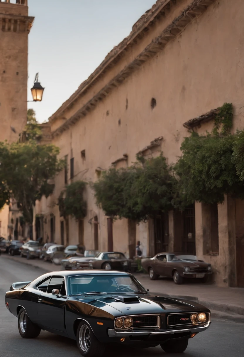 There's a man with glasses, Homens de 47 anos,'Velozes e Furiosos', ao lado de um poderoso Dodge Charger RT preto de 1970 em um ambiente urbano. O sol da tarde ilumina a cena, creating a warm and energetic environment. Dominic Toretto com o Dodge Charger RT de 1970, that glows with a bright metallic color and high-speed details. ((Toretto holds an empty plate in his hands)) e sua intensa, Determined look reveals your determination. You may feel that something exciting is about to happen. The city lights are reflected on the body of the car, and the noise of the engines and the adrenaline are breathed into the air. XF IQ4, 150MP, 50 millimeters, ISO 1000 Certification, 1/Anos 250, Luz Natural, Adobe Lightroom, photographic lab, Foto de afinidade, PhotoDirector 365 Waiting to get started