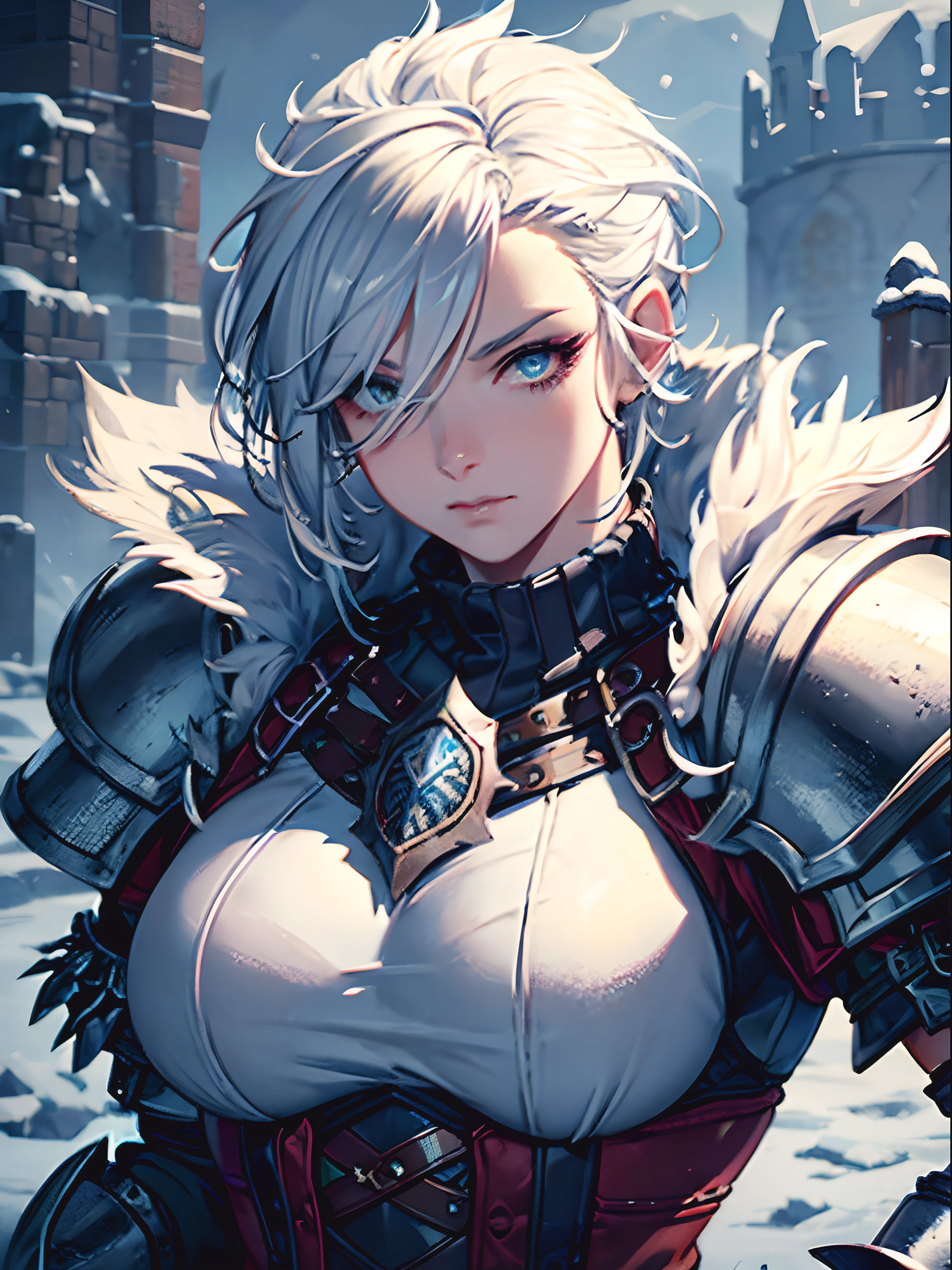 Close up, fantasy world, snow, mediaeval tower, adult woman, scary, intimidating, muscular, short rough white hair, spiked hair, thick clothing, bulky medieval armour, viking armour, chestplate, gauntlets