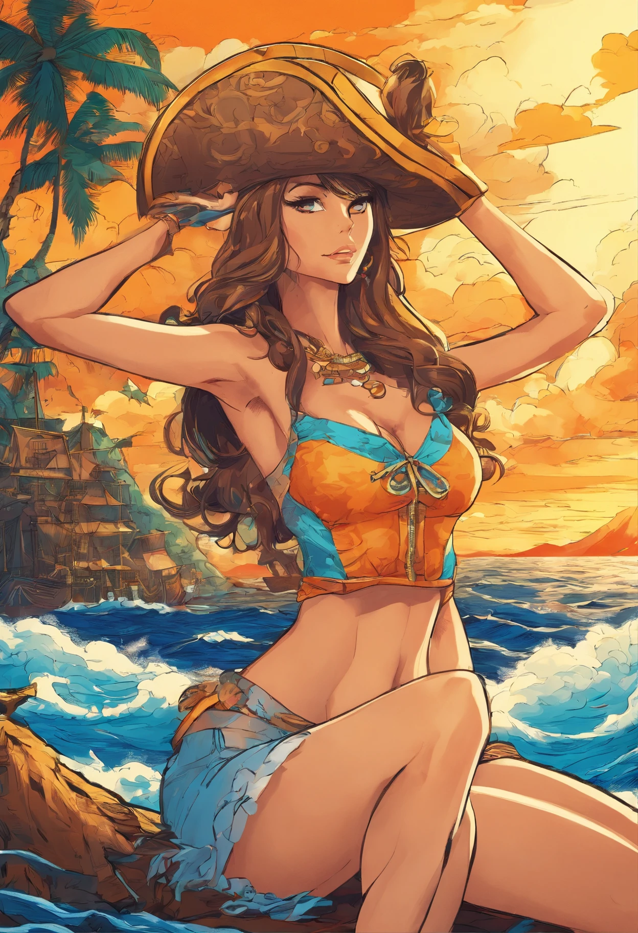 obra maestra, La mejor calidad, aceites, 1girl, (Katara), Brida, elysiumChar, Entonado, (dark skin:1.3), brown hair, Cabello largo, diafragma, camisa blanca, jewely, Bikini azul, ass, fondo de playa, puesta del sol, warm colours, (ojos azules:0.6), detallado, sin bragas, desnudo, cuerpo completo, ((Katara))