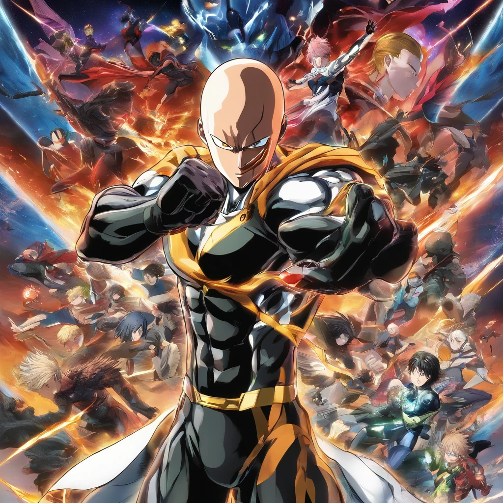 One Punch Man, utilizing, numerous characters, vividly detailed costumes and features, intense battles, dynamic poses, action-packed scenes, stunning visual effects, top-notch animation, vibrant colors, realistic shading, dramatic lighting, comic book style, superhero genre, high-impact punches and attacks, exaggerated muscles and expressions, epic battlefields, fast-paced combat, intricate weapon designs, diverse and unique powers and abilities, iconic special moves, dramatic camera angles, explosive energy blasts, intense facial expressions, powerful villains, humorous moments, epic storytelling, iconic sound effects, epic soundtracks, high-quality animation, visually stunning backgrounds, astonishing power levels, intense training montages, jaw-dropping transformations, hero vs. monster confrontations, high-octane action, breathtaking visual spectacle. (best quality, 4k, highres, masterpiece:1.2), ultra-detailed, photorealistic:1.37, HDR, dynamic lighting, sharp focus, professional-grade animation.