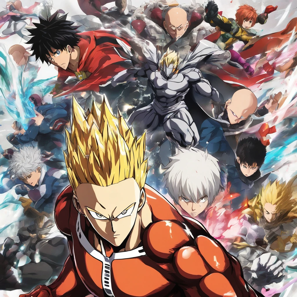 One Punch Man, utilizing, numerous characters, vividly detailed costumes and features, intense battles, dynamic poses, action-packed scenes, stunning visual effects, top-notch animation, vibrant colors, realistic shading, dramatic lighting, comic book style, superhero genre, high-impact punches and attacks, exaggerated muscles and expressions, epic battlefields, fast-paced combat, intricate weapon designs, diverse and unique powers and abilities, iconic special moves, dramatic camera angles, explosive energy blasts, intense facial expressions, powerful villains, humorous moments, epic storytelling, iconic sound effects, epic soundtracks, high-quality animation, visually stunning backgrounds, astonishing power levels, intense training montages, jaw-dropping transformations, hero vs. monster confrontations, high-octane action, breathtaking visual spectacle. (best quality, 4k, highres, masterpiece:1.2), ultra-detailed, photorealistic:1.37, HDR, dynamic lighting, sharp focus, professional-grade animation.