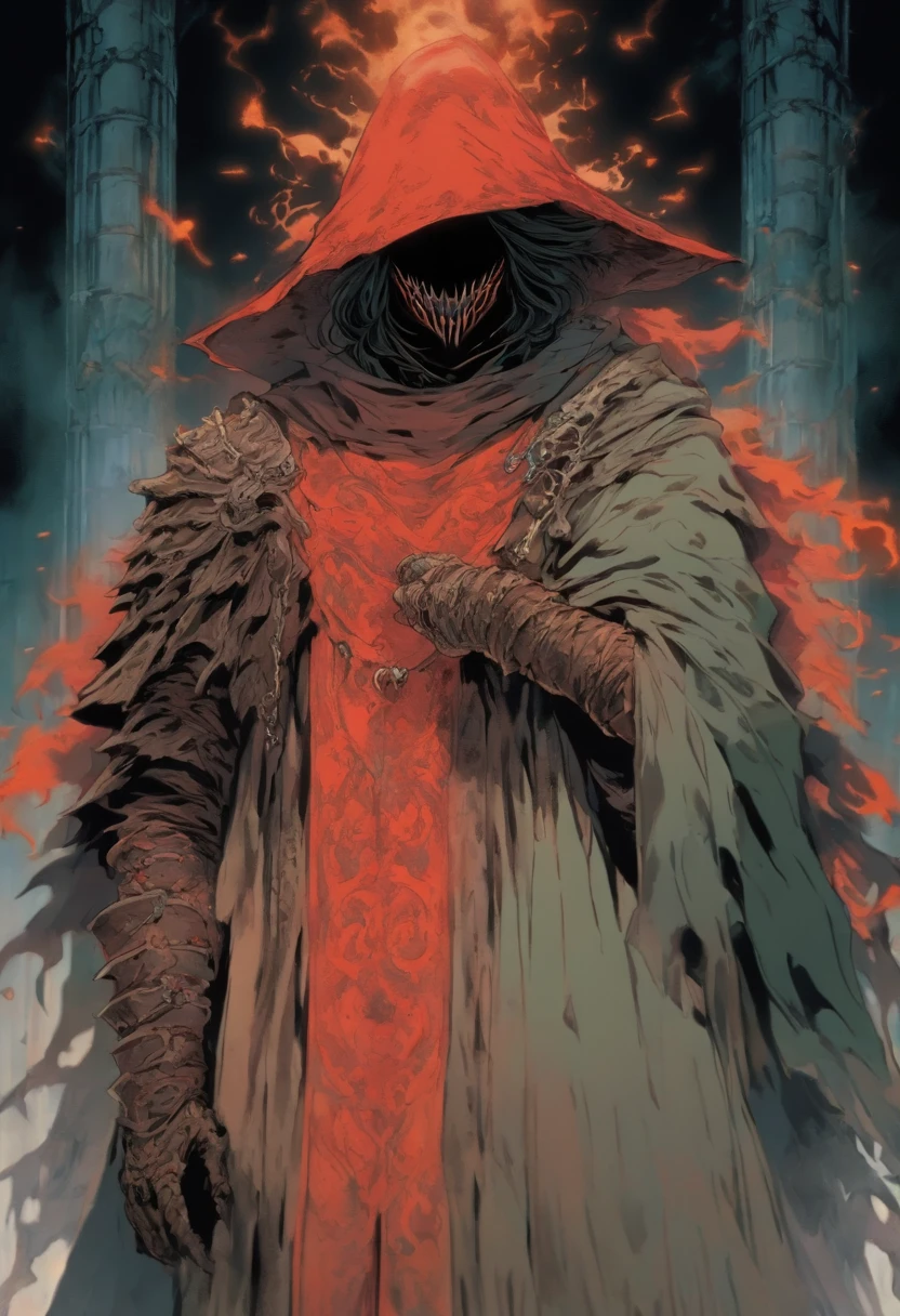 Hombre de 1,80 with a reddish robe that covers his entire body in the style of Bloodborne hunter. Su cabello es pelirrojo y corto. His eyes are blue but the left has it closed and a scar that begins with the first eyelid and ends in the last. Posee una barba sombreada y su piel es blanca. En la mano derecha sujeta una mandoble, the left is a Guts-style prosthetic arm. Todo su cuerpo se encuentra envuelto en llamas mientras mira imponente a las criaturas de la noche. 80s anime still, retro fashion, dungeon and dragons character dark fantasy digital art muted pastel colors, muted retro colors, CRT tv display by Tsukasa Hojo and Toshihiro Kawamoto - Es un humano no un monstruo