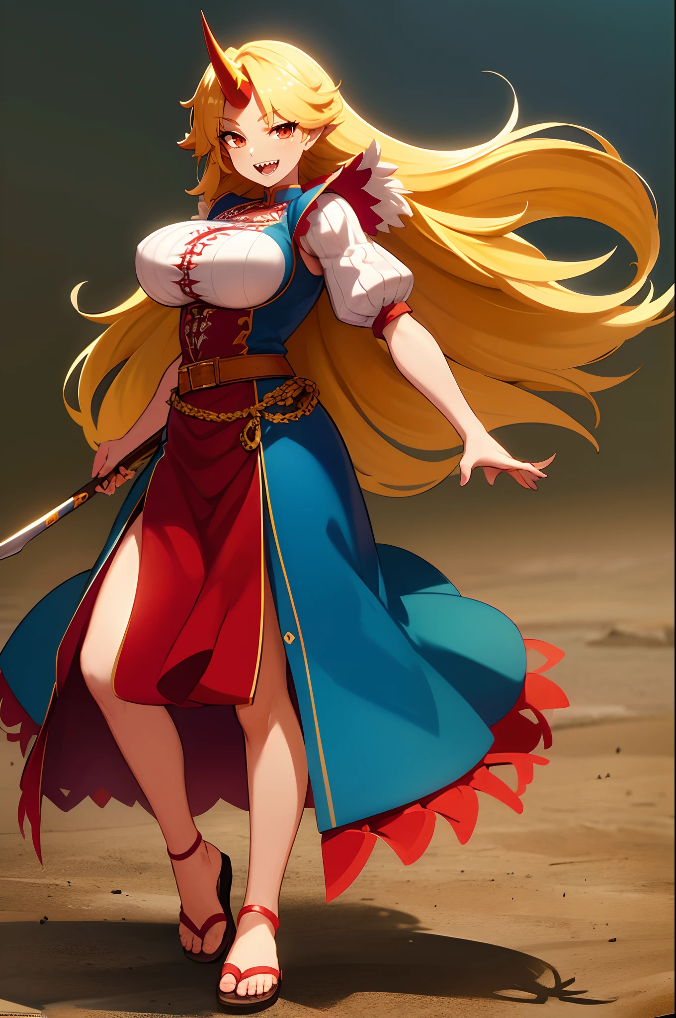 hoshiguma yuugi, european medieval cloths, crazy smile, big breast, large skirt, long skirt, flipflops, full body, standing, medieval clothing,vintageillustration,long skirt,(best quality,4k,8k,highres,masterpiece:1.2),ultra-detailed,(,1.37),portraits,vivid colors,warm tones,soft lighting, sharpteeth open mouth ,smile