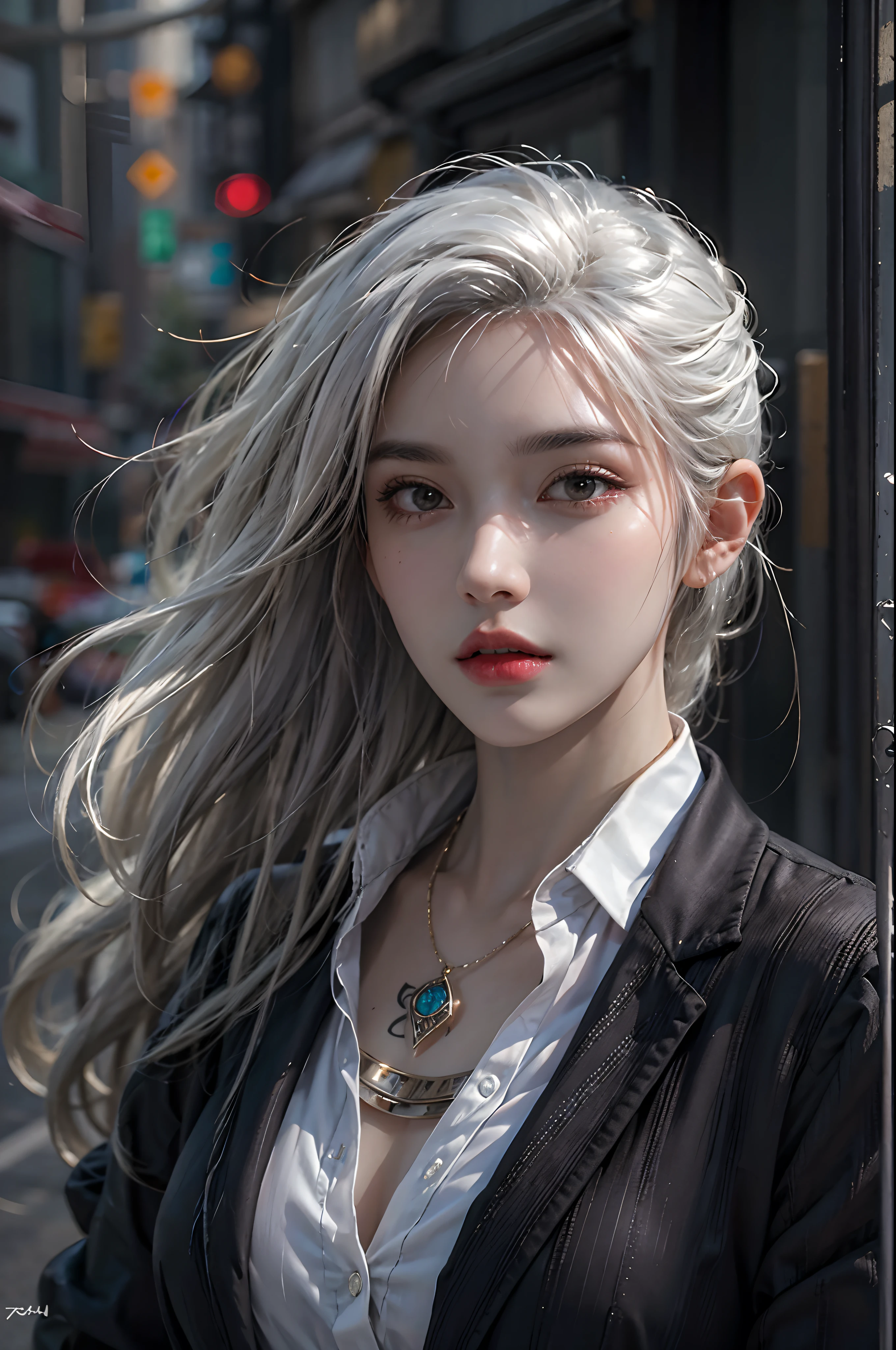 Photorealistic, high resolution, 1 Women, Solo, Hips up, Beautiful eyes, Close lips, Detailed face, White hair, Long hair, Collared shirt, black necktie,Black skirt, pencil skirts, Fur coat, Black stockings