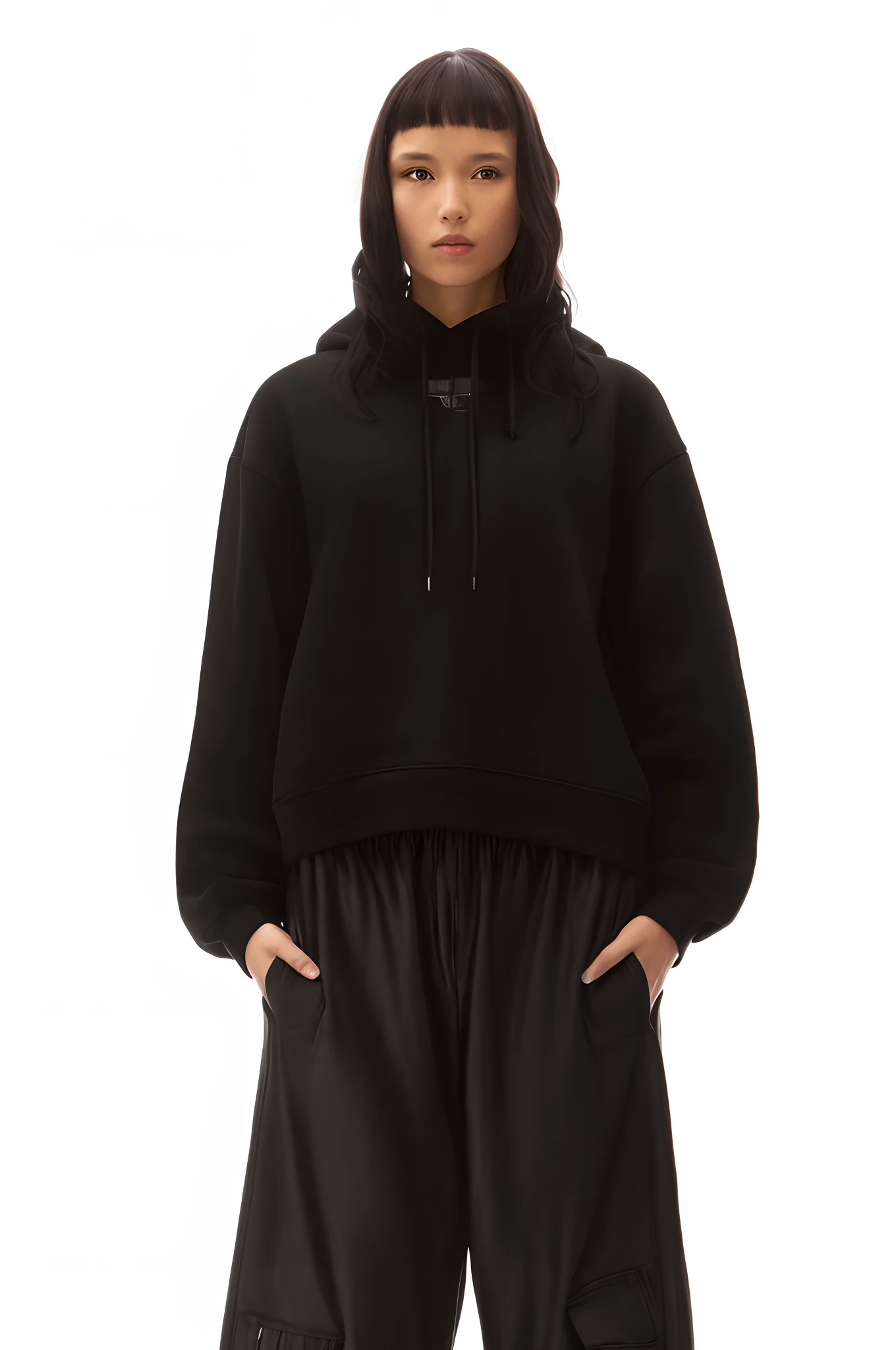 a woman in a black sweatshirt and black pants stands with her hands in her pockets, hodie mihi cras tibi, helmut lang, in a black hoodie, wearing a black hoodie, dressed black hoodie, full product shot, calvin klein, oversized hoodie, inspired by Wang E, hoody, wearing an oversized hoodie, black hoodie techie, black hoodie
