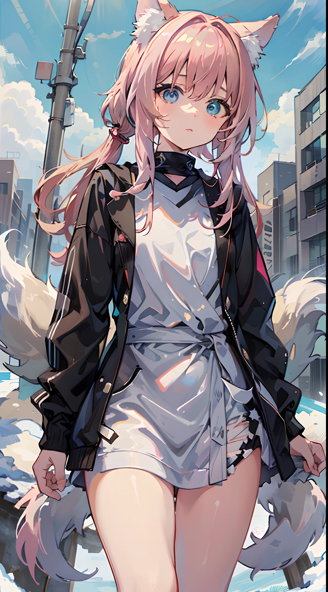 1girll,Shota,(high-definition quality,Masterpiece level),(The color of heterochromatic eyes and light pink hair echoes each other),with clean lines,tmasterpiece, (light pink colored hair), Heterochromic eyes,(Wolf ears),(Wolf tail),((One tail)),(One Little Girl),Lean body type,Dull hair,Brown pick dye,with fair skin,Low ponytail,sporty attire,Trench coat,short- sleeved,Short-sleeved sweatshirt,Looking at the sky,blue-sky,Don't look at the lens,Close both eyes,snowfield