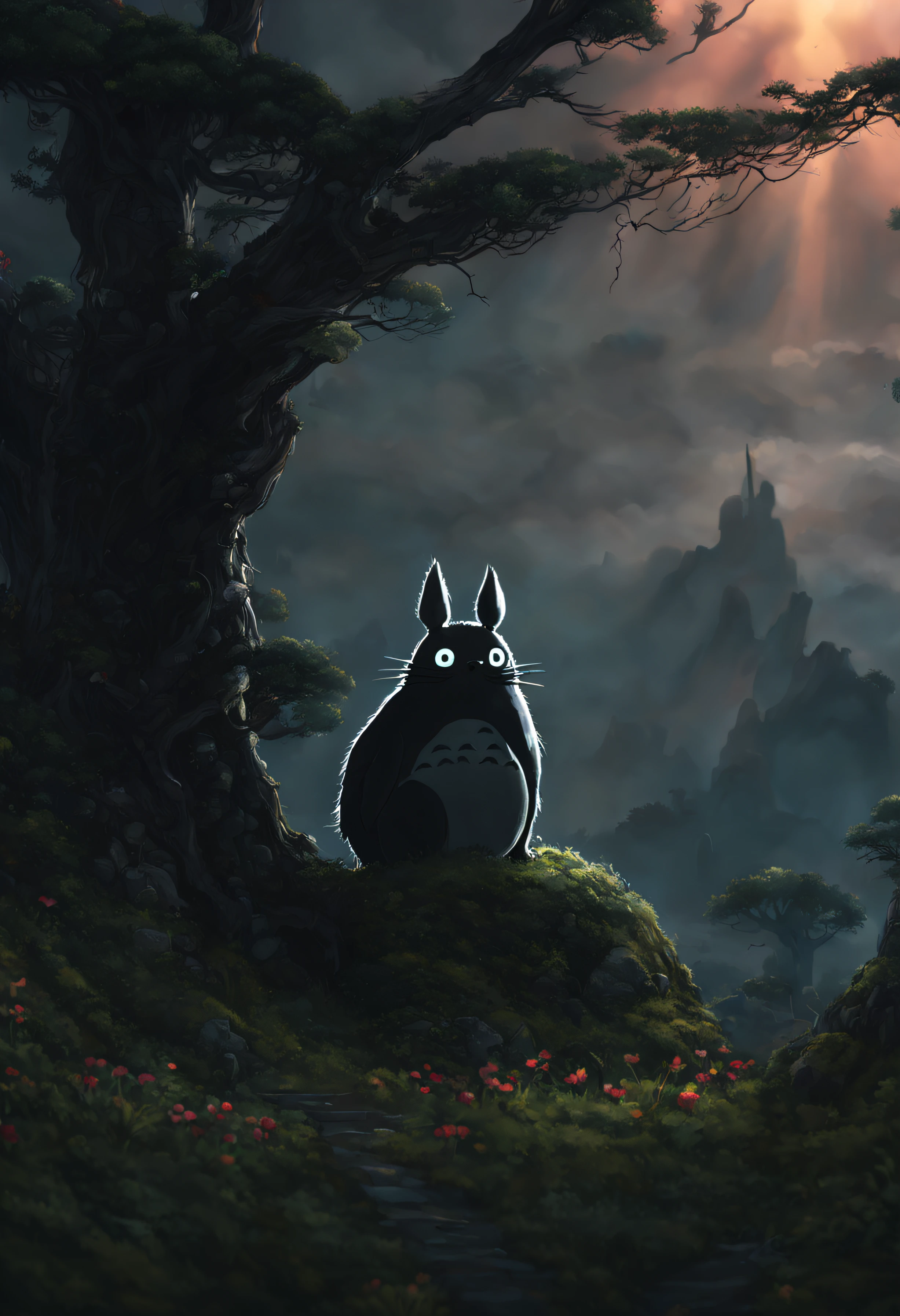 (ultra-detailed,masterpiece:1.2),(best quality,4k,highres),scary shinigami totoro,god of death,beautiful yet dark,scary studio ghibli style land,landscape,horror,portrait,physically-based rendering,vivid colors,sharp focus,bokeh,detailed eyes and face,long eyelashes,dark and mysterious atmosphere,hauntingly beautiful,enchanted forest,ominous clouds,glowing eyes,creepy creatures,cryptic symbols,whispering winds,lush greenery,misty haze,ethereal lighting,ominous shadows,dark and twisted trees,haunting melodies,solemn and eerie silence,ancient ruins,foreboding presence,mystical secrets,hidden paths,forgotten memories,unseen magic,unearthly beauty,inspired by Hayao Miyazaki,black and white with pops of vibrant colors