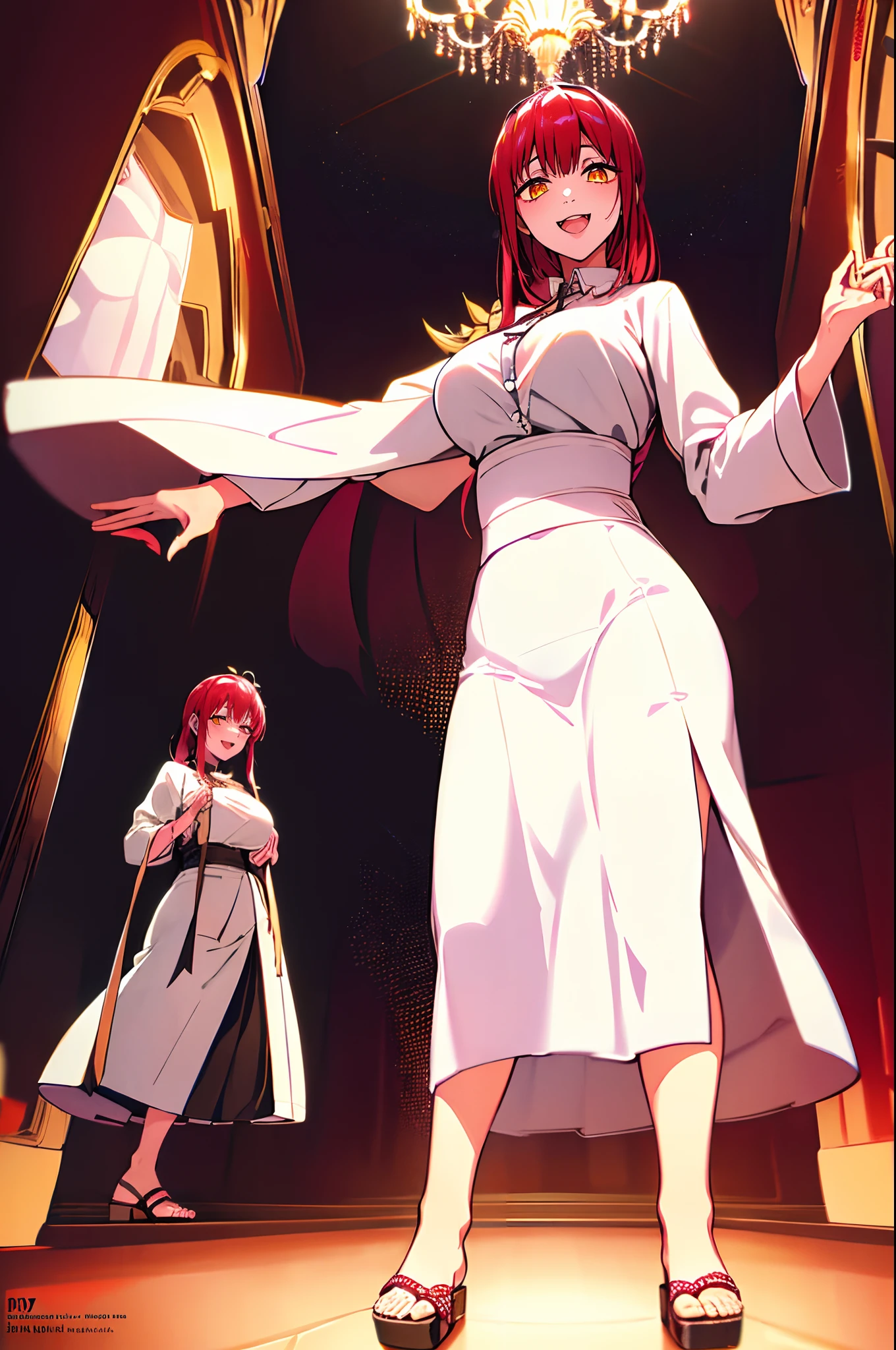 makima, european medieval cloths, crazy smile, big breast, large skirt, long skirt, flipflops, full body, standing, medieval clothing,vintageillustration, martial arts, long skirt,(best quality,4k,8k,highres,masterpiece:1.2),ultra-detailed,(,1.37),portraits,vivid colors,warm tones,soft lighting, sharpteeth open mouth ,smile,goddess, divine aura