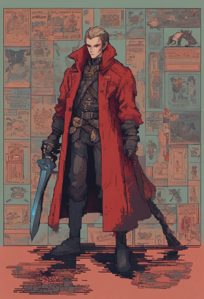 red-short-haired man, with one blue eye and the other eye closed with a scar, he has faded beard, he wears a long red jacket, like a Bloodborne hunter, on his back he carries a greatsword, he has a prosthetic left arm like Guts, He is facing creatures of the night like a vampire hunter, 80s anime still, retro fashion, dungeon and dragons character dark fantasy digital art muted pastel colors, muted retro colors, CRT tv display by Tsukasa Hojo and Toshihiro Kawamoto -