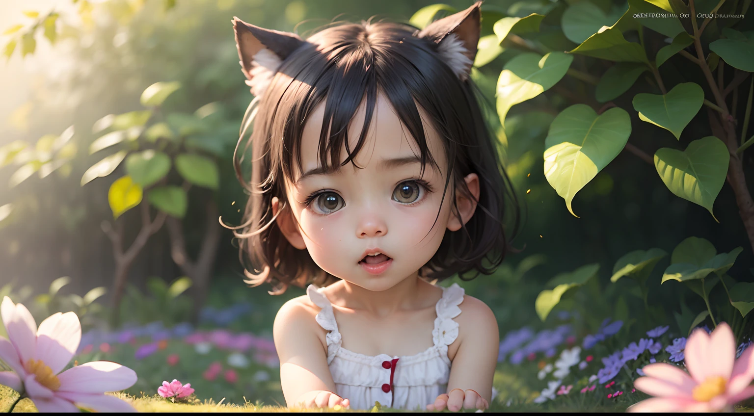 (masterpiece), best quality, ultra-detailed, an extremely cute and lovable , with a confused yet hilarious expression, dynamic pose, sitting on grass, surrounded by a colorful flower garden, daylight setting, soft sunlight, perfect expression/photorealistic, high-resolution clarity.