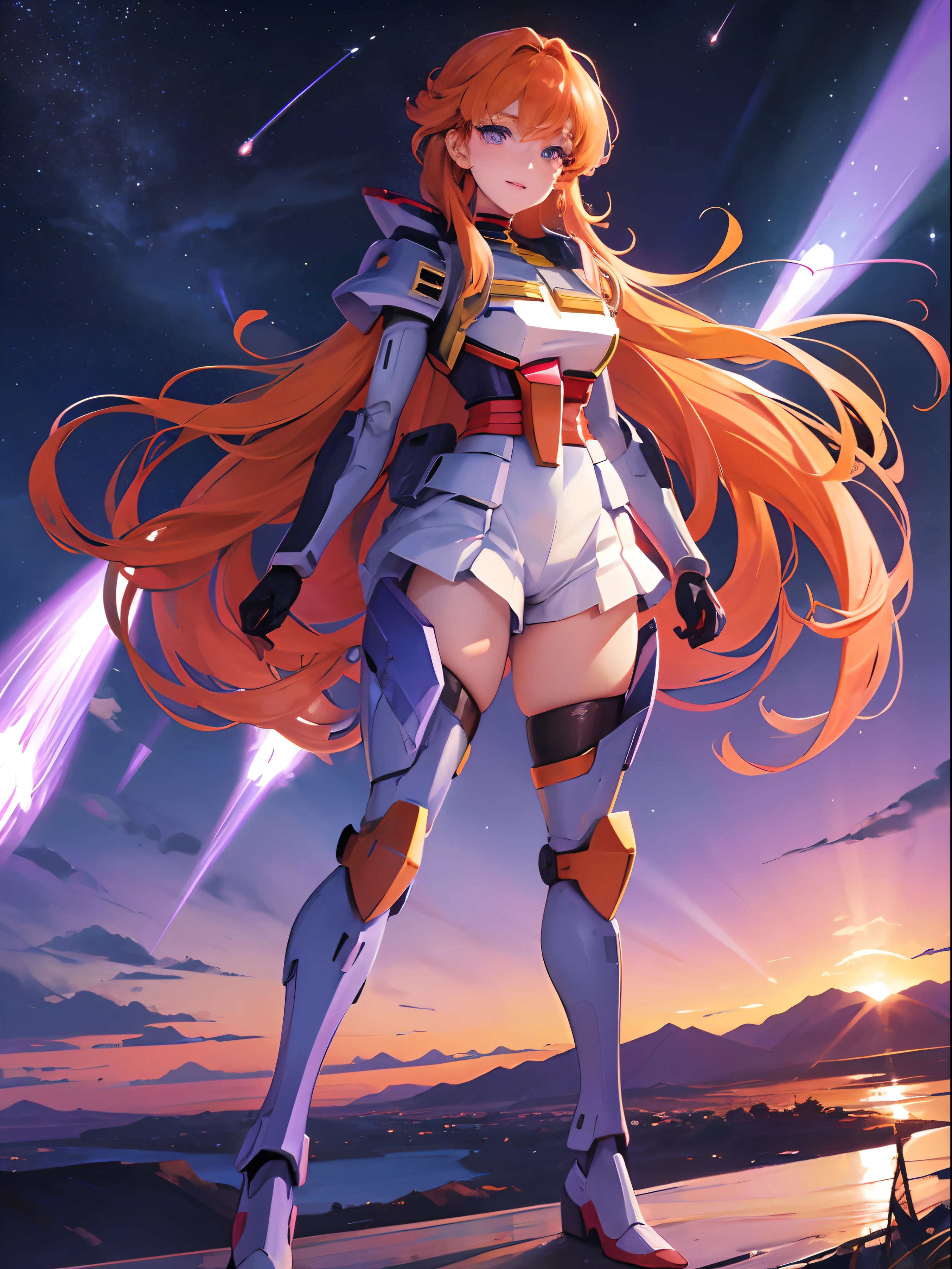 Masterpiece, top quality, 1 anime girl, Beautiful view , orange hair, purple eyes , on the Mountain , Sky view as background , super detail, 4k wallpaper , Beautiful smile ,black pupils, Beautiful night sky, Wearing Mecha armor ((Gundam)),full view
