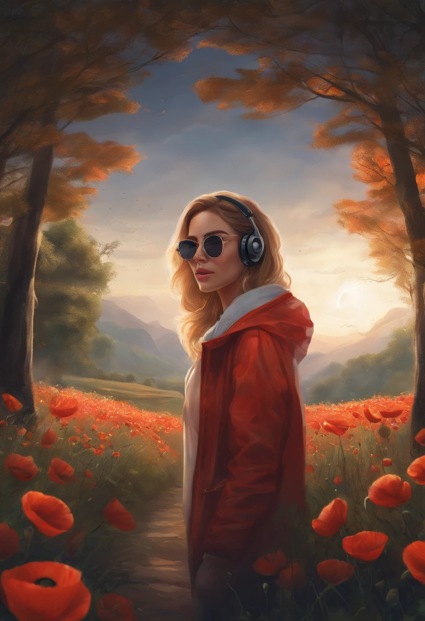 Perfect centering, A cute poppy all over, Wear a student jacket, Wearing sunglasses, Wearing headphones, Standing position, Abstract beauty, Centered, Looking at the camera, Facing the camera, nearing perfection, Dynamic, Moonlight, Highly detailed, Digital painting, art stations, concept-art, smooth, Sharp focus, 8K, high definition resolution, illustration, White background