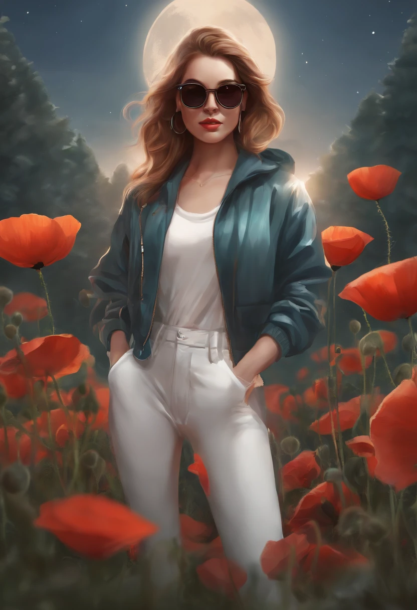 Perfect centering, A cute poppy all over, Wear a student jacket, Wearing sunglasses, Wearing headphones, Standing position, Abstract beauty, Centered, Looking at the camera, Facing the camera, nearing perfection, Dynamic, Moonlight, Highly detailed, Digital painting, art  stations, concept-art, smooth, Sharp focus, 8K, high definition resolution, illustration, White background