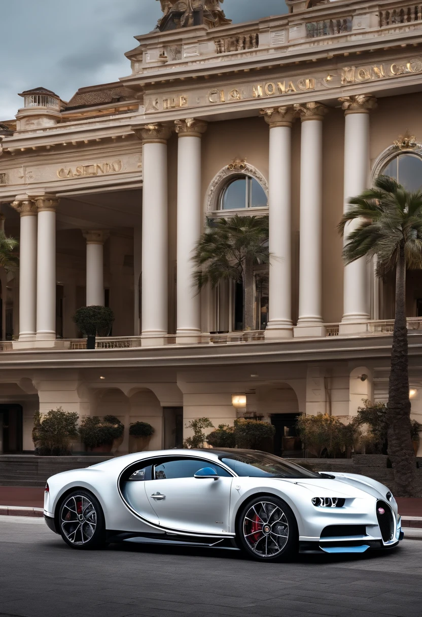 bugatti chiron blanche devant le casino de monaco, 8k, Realstic, high-definition