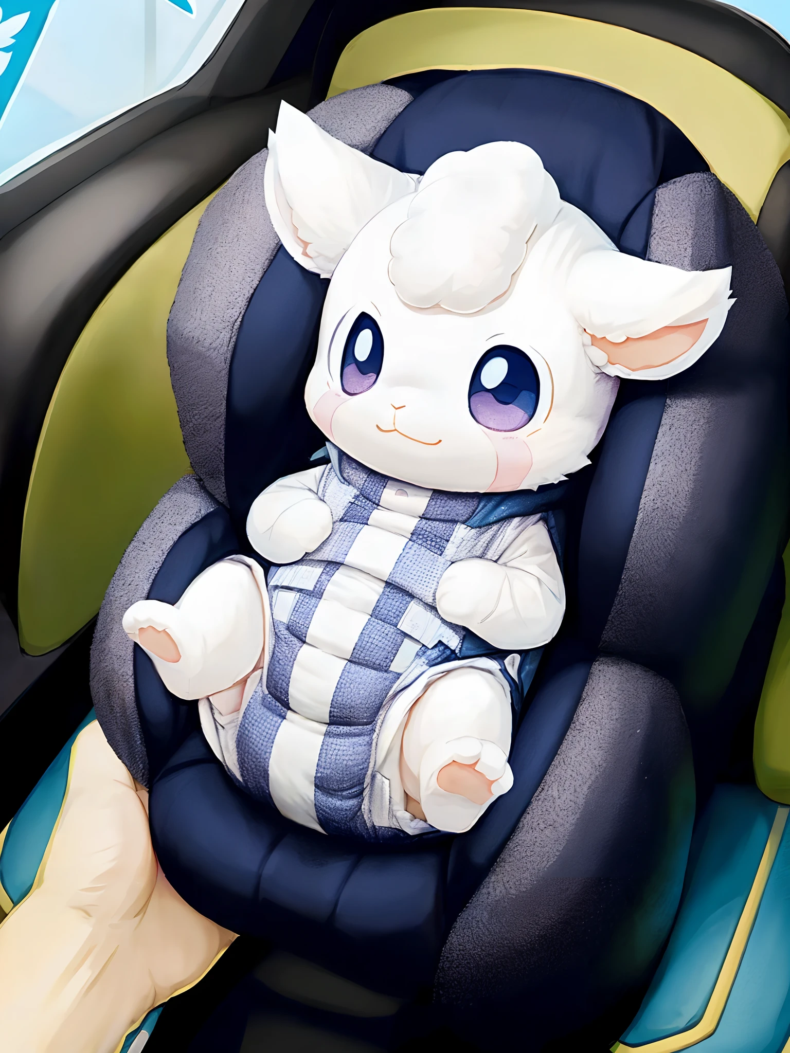 ((by wadorigi on Twitter)(Lamb)), digimon, anthropomorphic , chibi, cute, fur,   diaper, small eyes , very small legs , thin legs, small arms, ((sit on padded   car seat)).