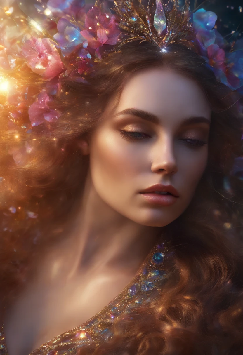 Goddess with iridescent and opalescent shimmer; Broken Glass effect with volumetric light and auras; insane depth background, molecular textures; inspired by flower petals and ethereal nature; breathtaking beauty and pure perfection, unforgettable energy; vivid color reflections, impressive rays, trending on artstation, sharp focus, studio photo, intricate details, highly detailed, by greg rutkowski