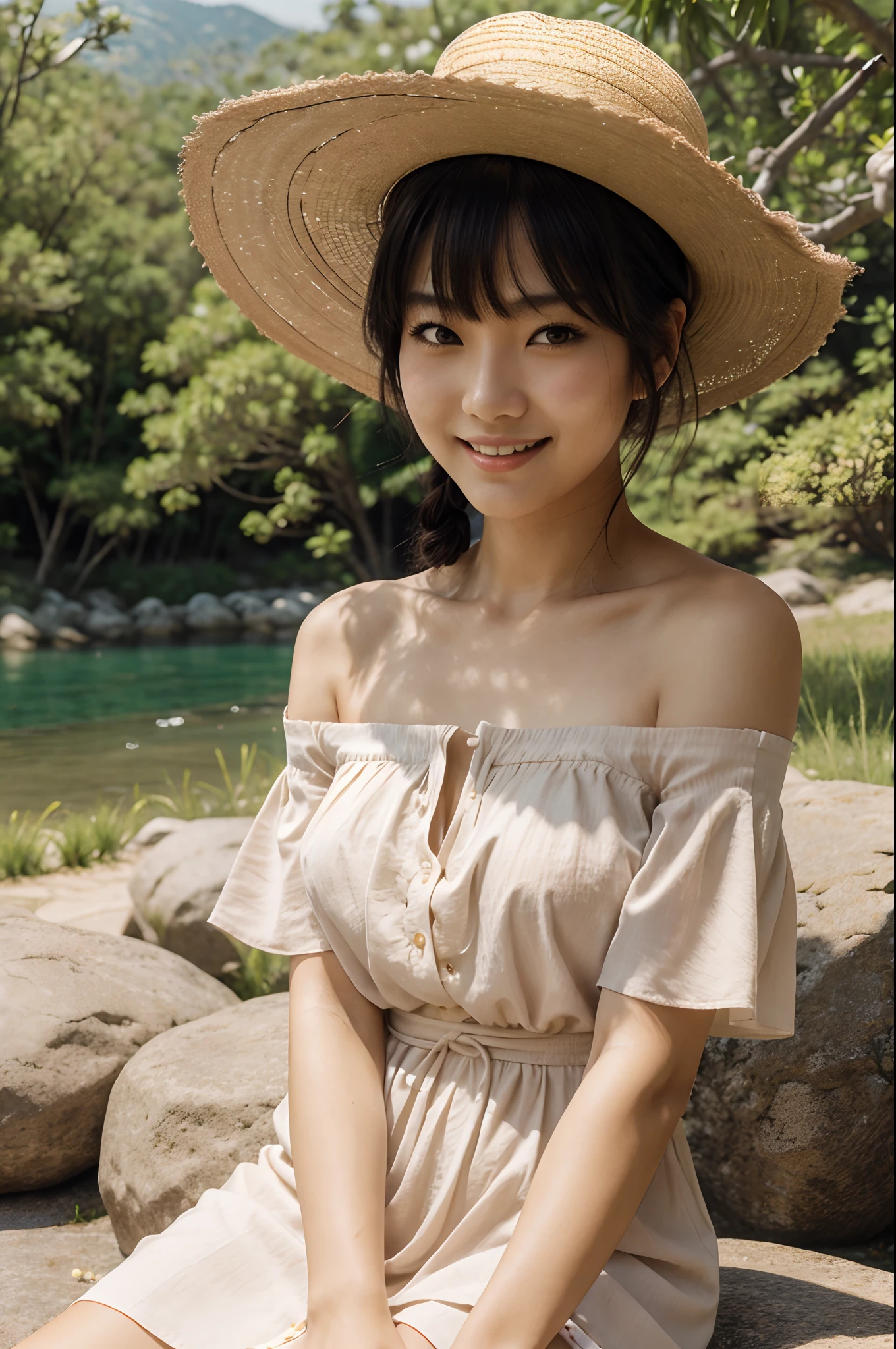 masterpiece, japanese woman, worn out straw hat, windy, short black hair tied up into a ponytail, blush, perfect illumination, light off-shoulder summer dress, sunlight, extremely detailed face, bangs, bright skin, flowers, colorful, big smile, river, boulders