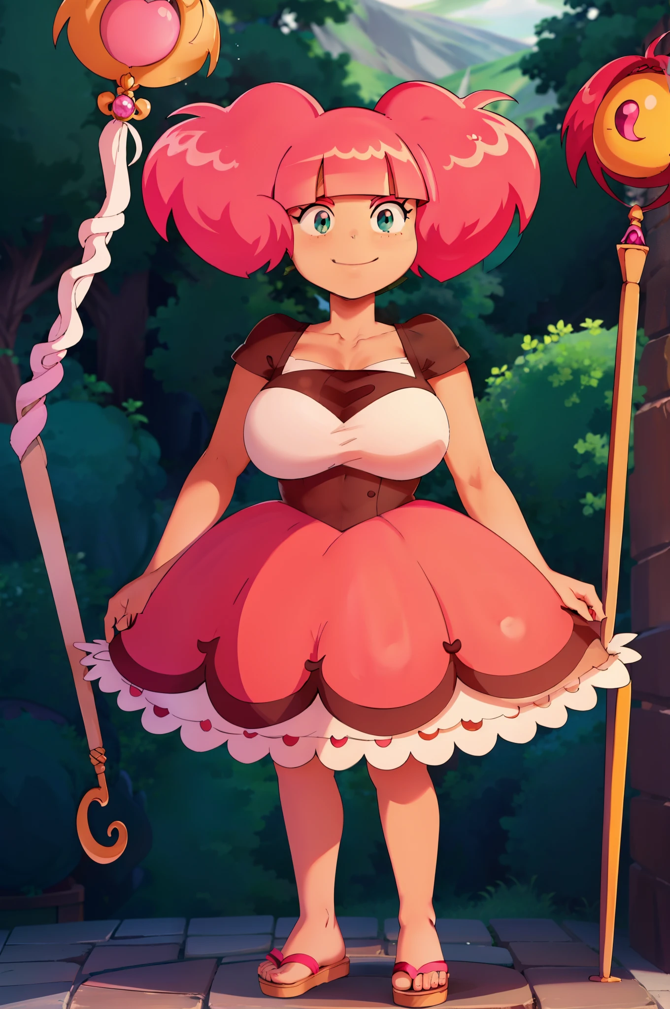 Rosemary, cheveux roses, grosse poitrine,smile, staff, full body standing, pink hair, tall, curvy, big breast, pullover, venus body, large skirt,chocovenus, flipflops