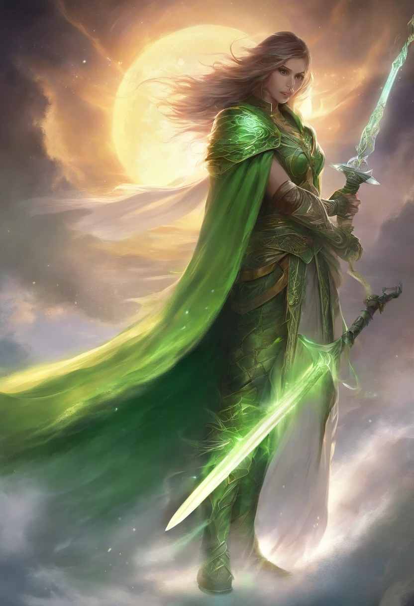 Radiant green sword. black background. Slight white smoke
