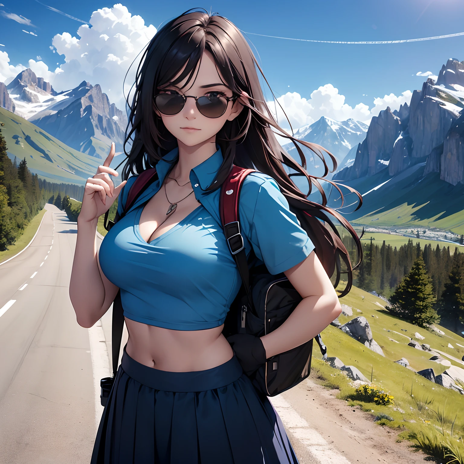 20 year old Russian woman hitchhiking on mountain road, blue sky, vast background, long dark hair, sunglasses, long skirt, midriff showing, tight blue shirt, cleavage showing, busty, wearing backpack, facing camera, slight smile, beautiful face, Masterpiece, best quality, highres, 1girl, midday