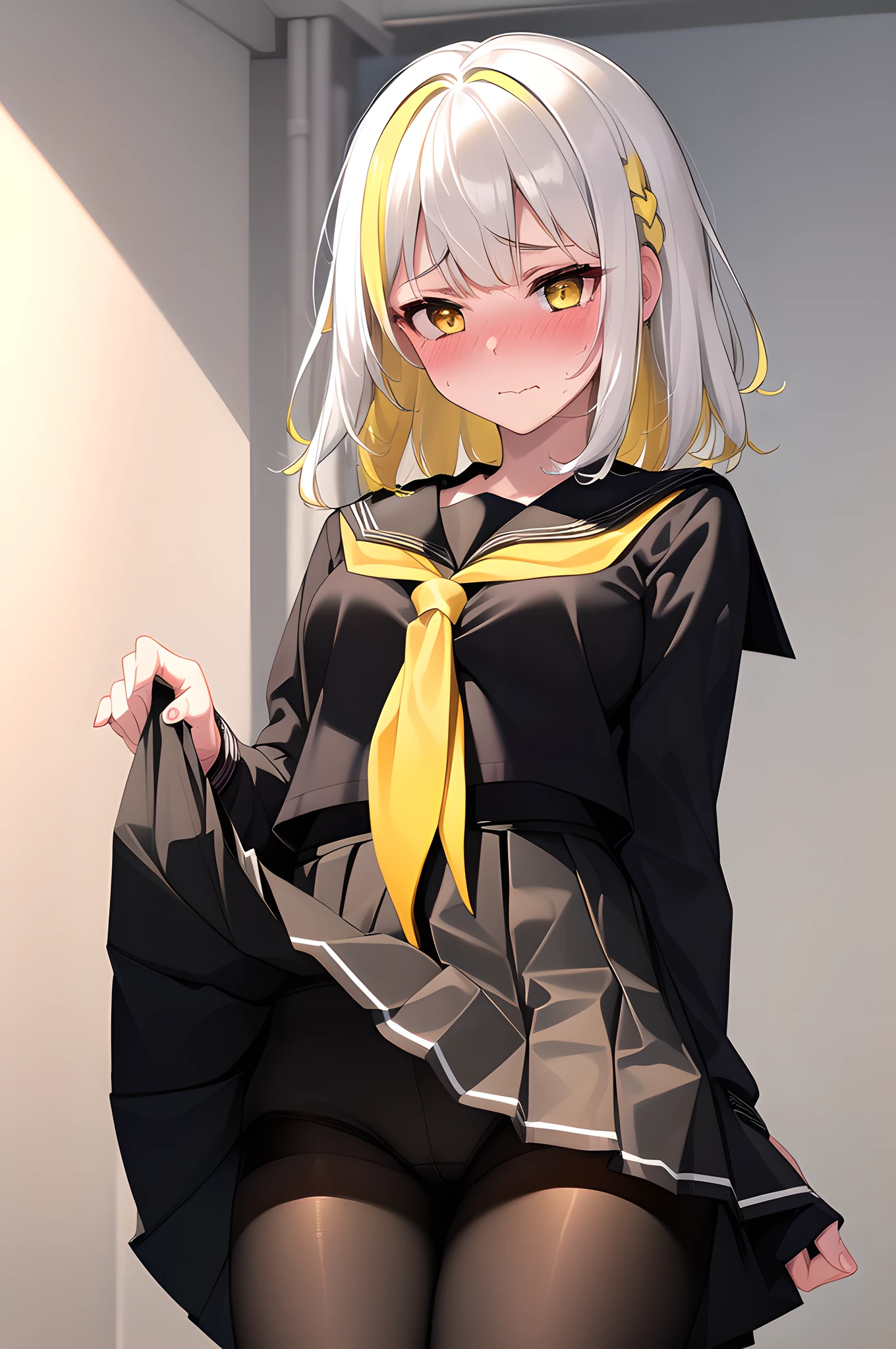 suggestive, 8k, 1girl, , (black serafuku:1.4), (skirt lift), white pantyhose, short hair, messy bangs, small breasts, yellow eyes, (two-tone hair:1.4), (white hair:1.3), (yellow hair:1.2), at school, from below, (blushing:1.3), wavy mouth, embarrassed