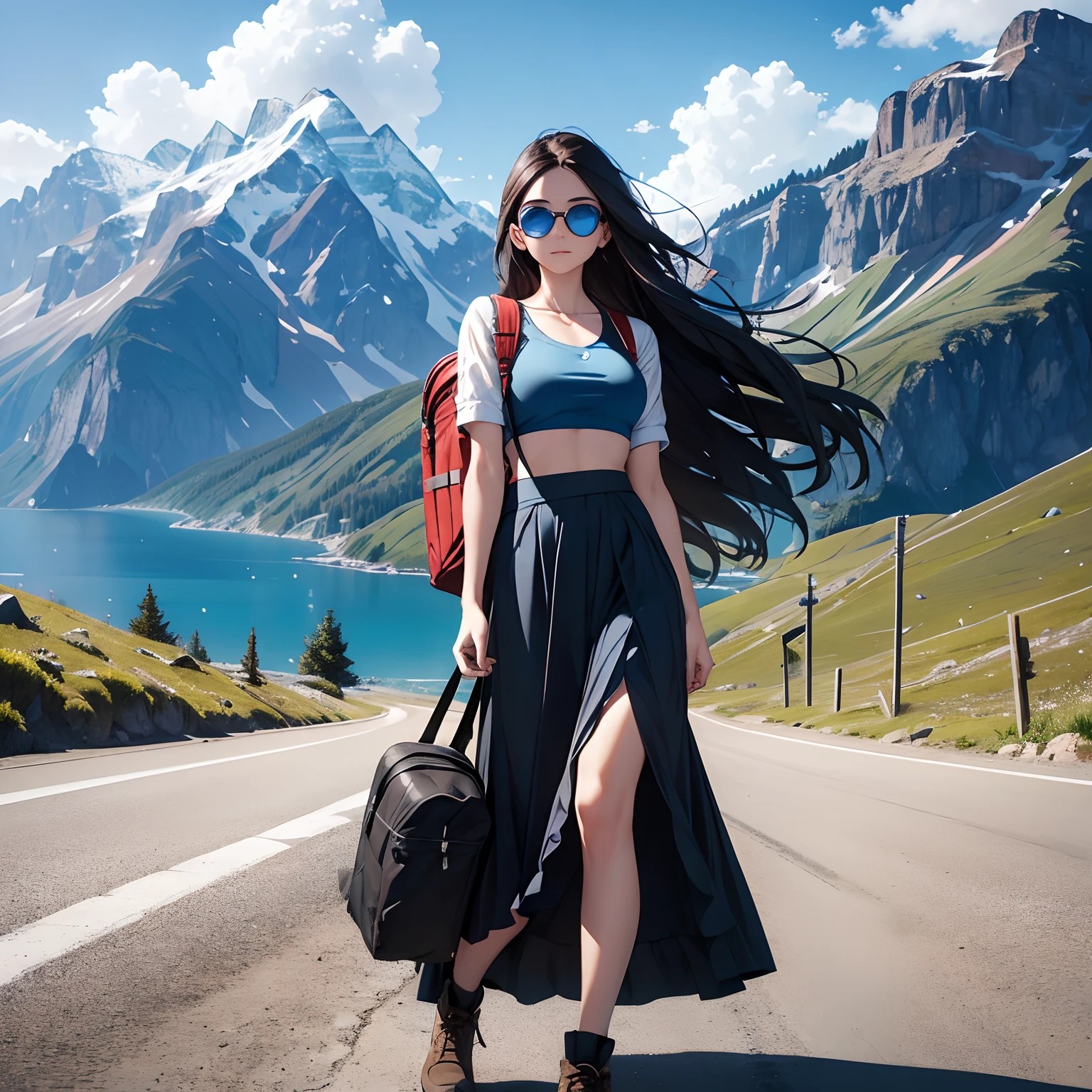 20 year old Russian woman hitchhiking on mountain road, blue sky, vast background, long dark hair, sunglasses, long skirt, midriff showing, tight blue shirt, cleavage showing, busty, wearing backpack, facing camera, slight smile, beautiful face, Masterpiece, best quality, highres, 1girl, midday