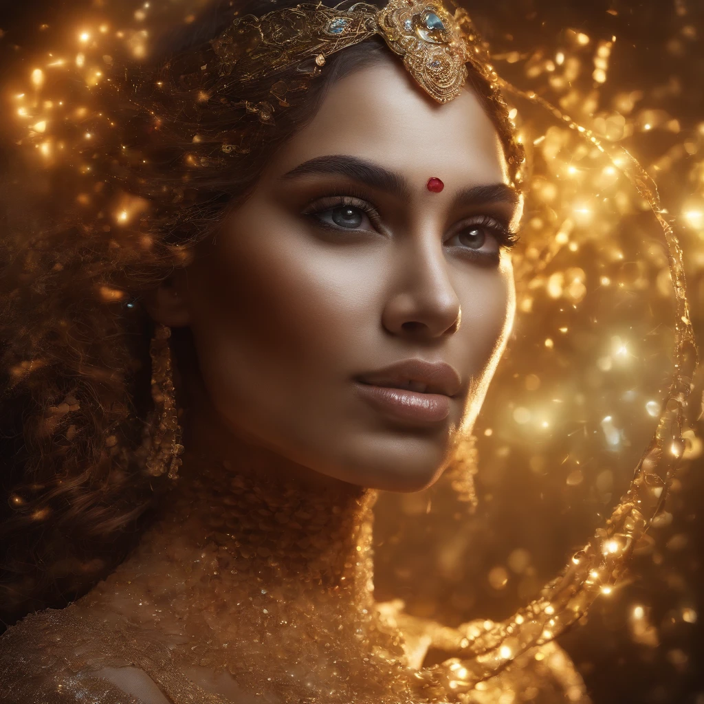 Goddess with iridescent and opalescent shimmer; Broken Glass effect with volumetric light and auras; insane depth background, molecular textures; inspired by flower petals and ethereal nature; breathtaking beauty and pure perfection, unforgettable energy; vivid color reflections, impressive rays, trending on artstation, sharp focus, studio photo, intricate details, highly detailed, by greg rutkowski
