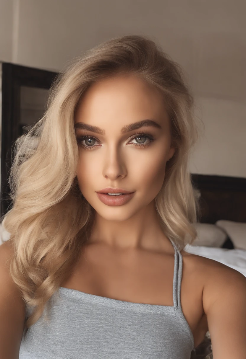 Oman with matching tank top and panties, fille sexy aux yeux bleus, Portrait Sophie Mudd, Portrait de Corinna Kopf, cheveux blonds et grands yeux, selfie of a young woman, ohne Maquillage, maquillage naturel, Look directly into the camera, Visage avec Artgram, dezentes Maquillage, Superbe photo du corps entier, dans la chambre, gros seins, Blonde, Latin