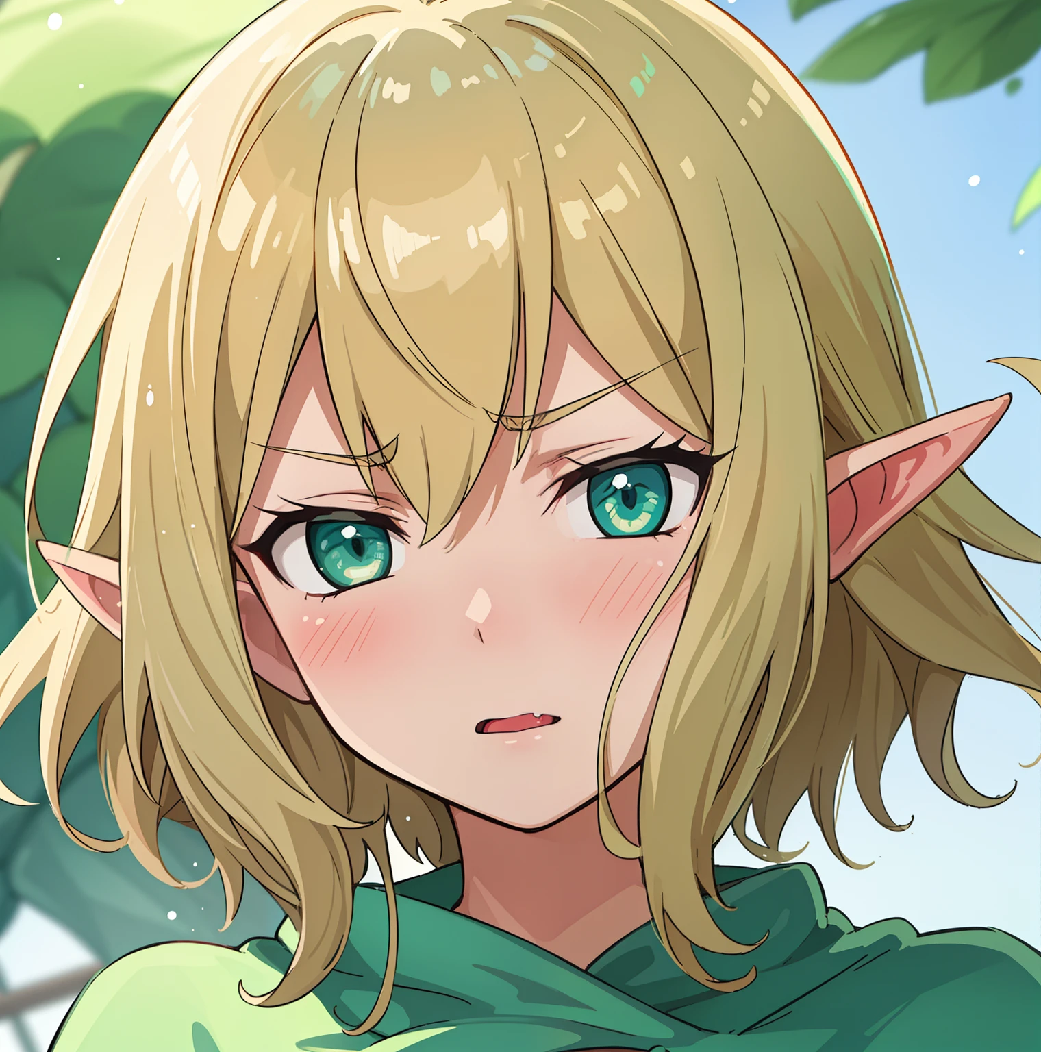 hiquality, tmasterpiece (One elven girl) Sullen face. furrowed brow.  Short Hair Hair. opened mouth. blonde woman. Cyan eyes. green raincoat. long ears. in front of a forest background
