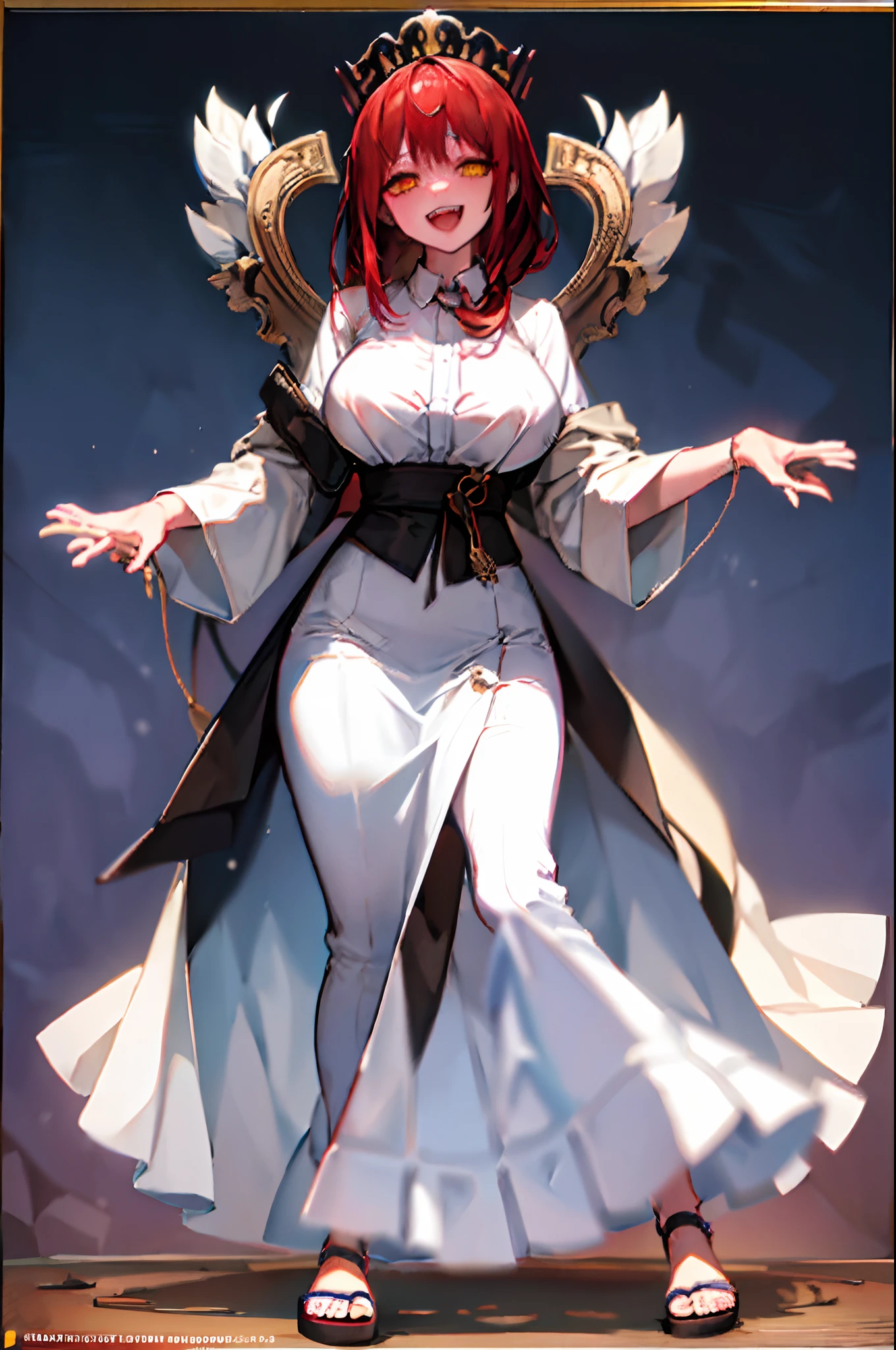 makima, european medieval cloths, crazy smile, big breast, large skirt, long skirt, flipflops, full body, standing, medieval clothing,vintageillustration, long skirt,(best quality,4k,8k,highres,masterpiece:1.2),ultra-detailed,(,1.37),portraits,vivid colors,warm tones,soft lighting, sharpteeth open mouth ,smile,goddess, divine aura