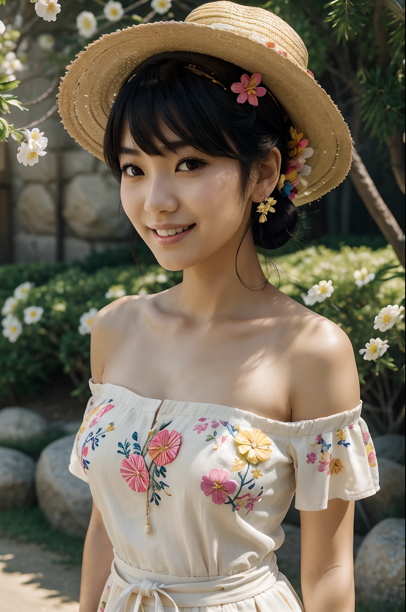 masterpiece, japanese woman, worn out straw hat with flower ornaments, windy, short black hair tied up into a ponytail, blush, perfect illumination, light off-shoulder summer dress, sunlight, extremely detailed face, bangs, bright skin, (flowers), colorful, big smile, river, boulders