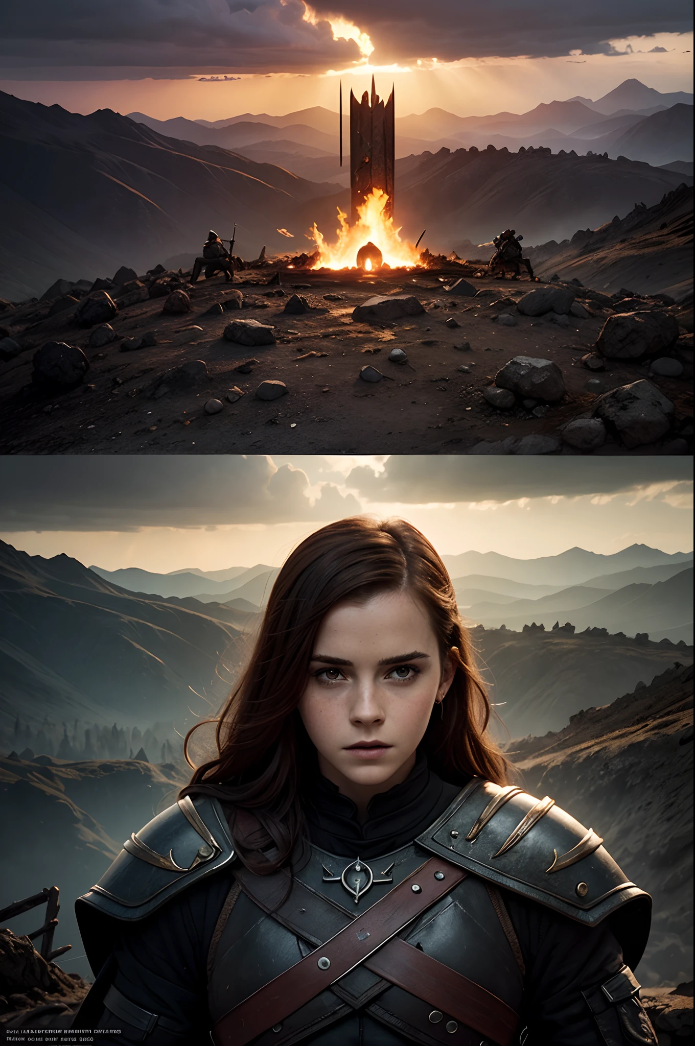 Emma Watson portraying Sauron in an epic battle against the forces of darkness. The context is a desolate, war-torn landscape in the heart of Mordor. The environment is dominated by ominous, fiery skies and the crumbling ruins of Barad-dûr in the background. The lighting is intense and dramatic, casting long, imposing shadows. The artist's approach is to capture the grandeur of the scene with intricate details and hyper-realistic rendering. The style leans towards a fusion of fantasy and realism. The medium used is digital painting, allowing for fine control over details and lighting effects. The type of artwork is a high-resolution, cinematic illustration. The color scheme is dominated by dark and fiery tones, with rich reds, deep blacks, and fiery oranges. The computer graphics employed are state-of-the-art, enabling the creation of lifelike textures and effects. The overall quality should be of the highest standard, achieving a photorealistic depiction of this fantasy scenario.