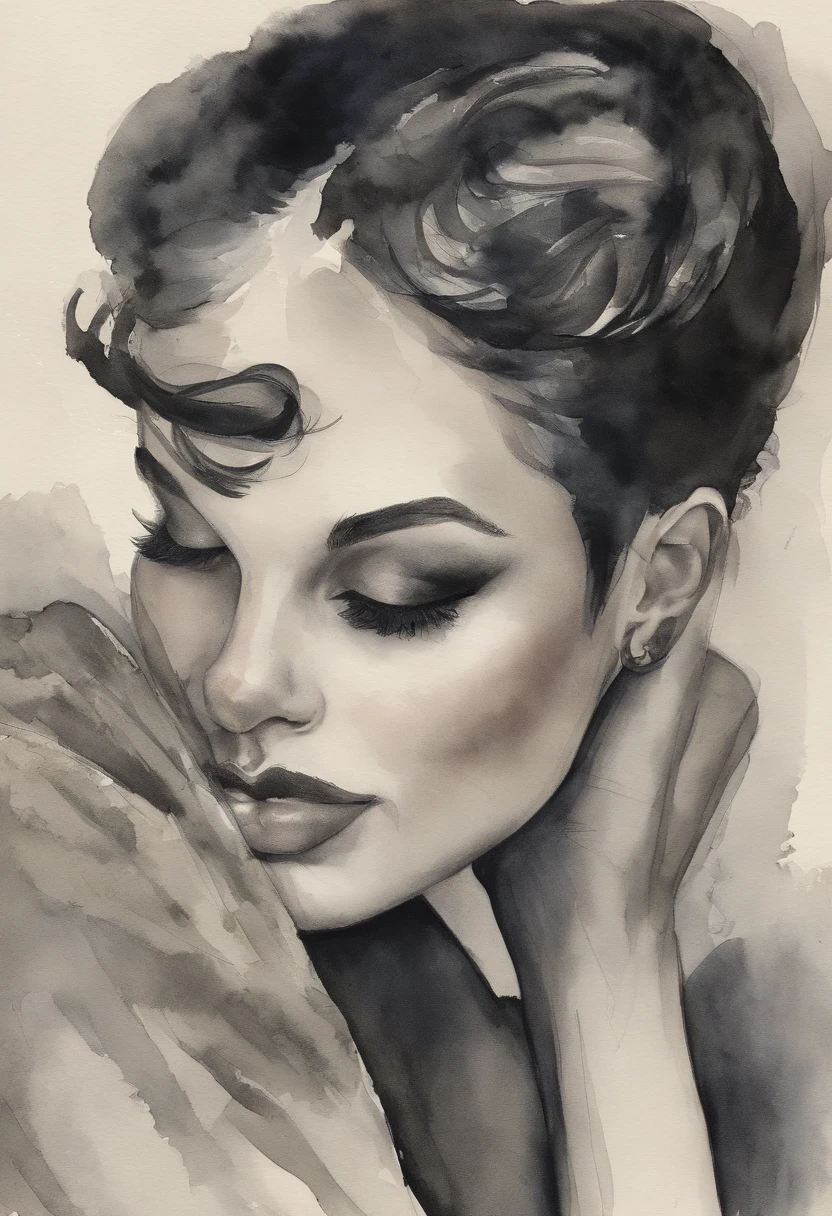A portrait of an alluring goth girl with short black hair, a small bust, and a curvy figure posing with her finger gently pressed against her lips as she gazes downward. She sits on the floor, her legs partially crossed wearing a short, black pleated skirt that reveals her pale thighs and sheer black thigh-high stockings. Her jet black, pixie-cut hair frames her face.
