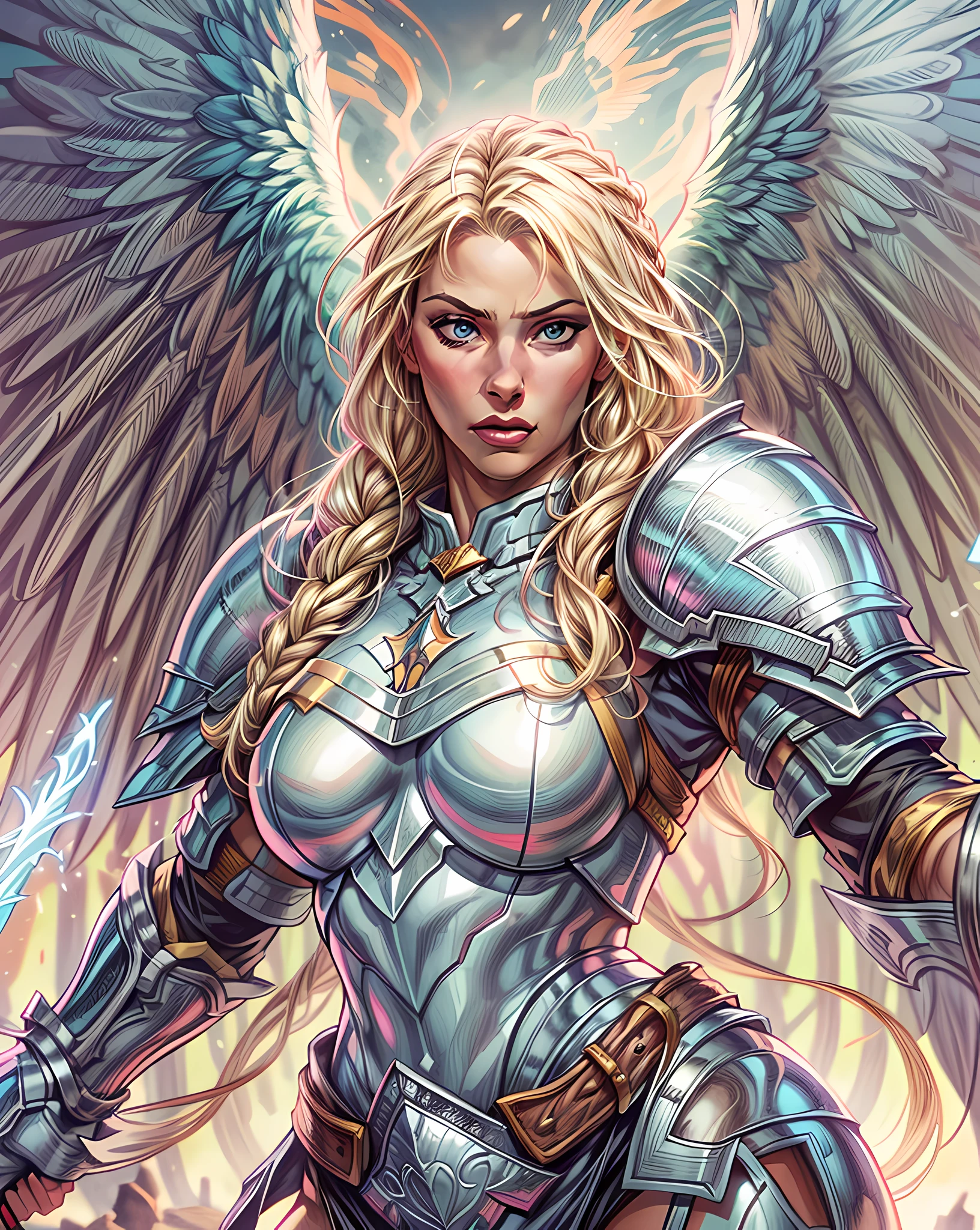 (Comic book cover art: 1.5), an female arch angel preparec for battle, an extremally beautiful warrior angel, ultra feminine, long hair, blond hair, braided hair, wearing divine heavy armor, white armor, (angel wings: 1.2) spread, aremed with fantasysword sword, sword covered with blue fire, ultra wide shot, photorealism, depth of field, hyper realistic, 2.5 rendering,
