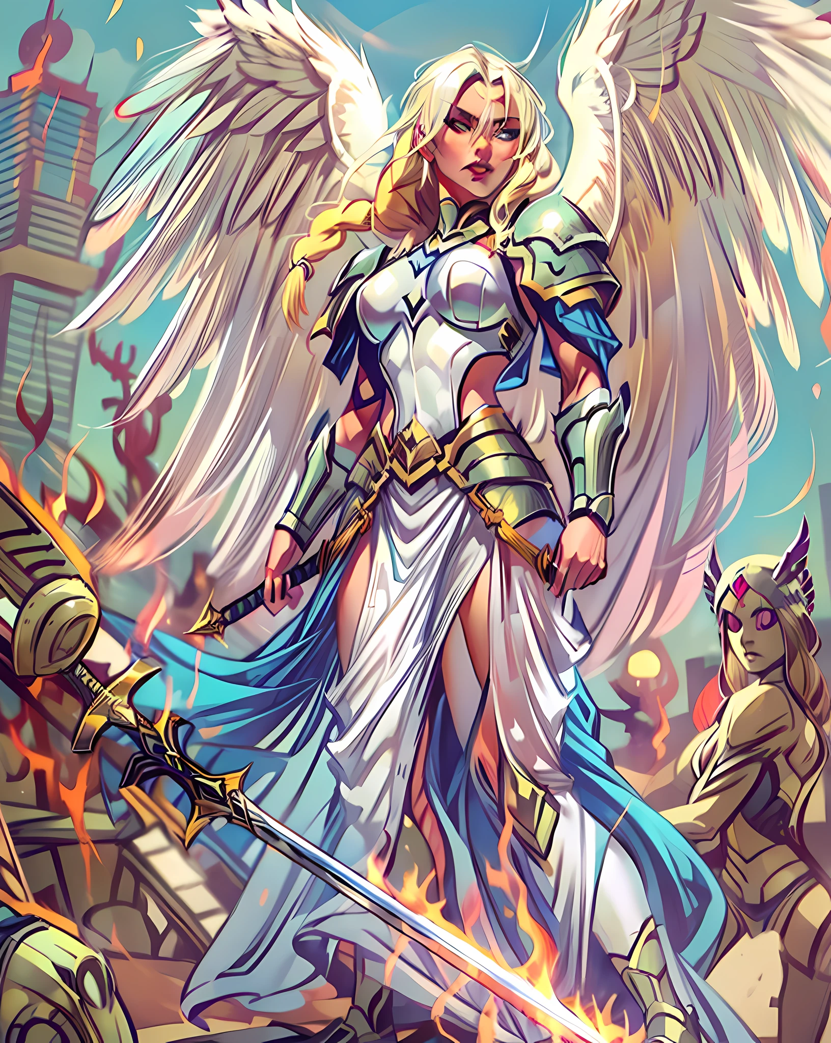 (Comic book cover art: 1.5), an female arch angel preparec for battle, an extremally beautiful warrior angel, ultra feminine, long hair, blond hair, braided hair, wearing divine heavy armor, white armor, (angel wings: 1.2) spread, aremed with fantasysword sword, sword covered with blue fire, ultra wide shot, photorealism, depth of field, hyper realistic, 2.5 rendering,