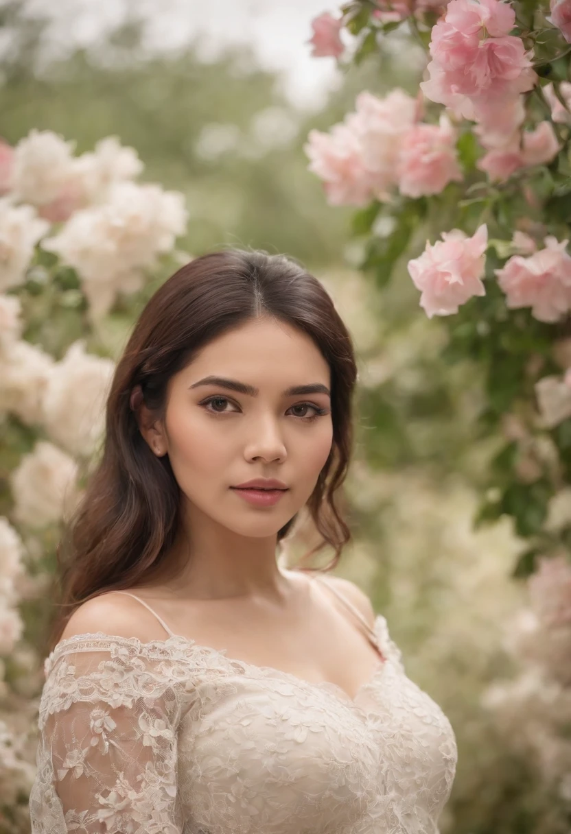 uma garota morena Latina, USANDO CALCINHA DE RENDA Transparente, Asian woman in a beautiful flower garden