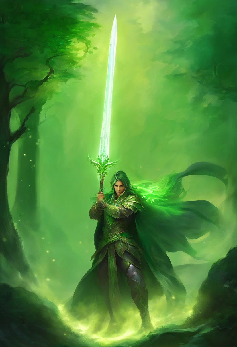 Radiant green sword. black background. Slight white smoke