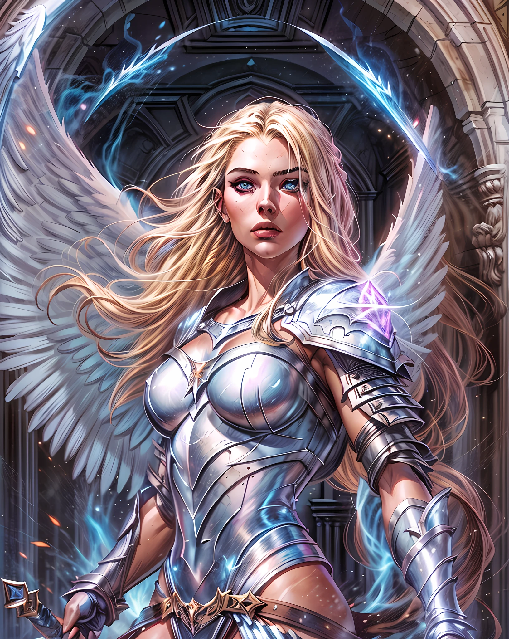 (Comic book cover art: 1.5), an female arch angel preparec for battle, an extremally beautiful warrior angel, ultra feminine, long hair, blond hair, braided hair, wearing divine heavy armor, white armor, (angel wings: 1.2) spread, aremed with fantasysword sword, sword covered with blue fire, ultra wide shot, photorealism, depth of field, hyper realistic, 2.5 rendering,